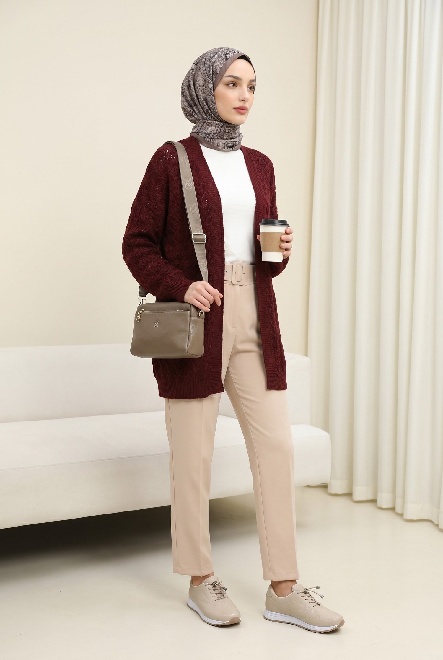 Ajurlu Desenli Salaş Triko Hırka -Bordo
