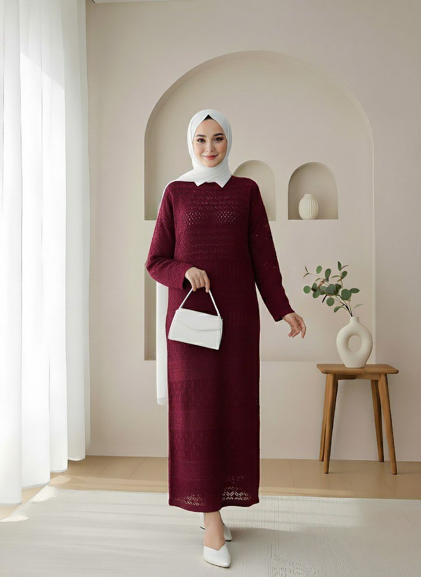 Ajurlu Desenli Triko Elbise -Bordo