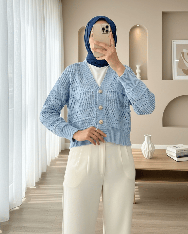 Ajurlu Düğmeli Triko Hırka -Bebe Mavi