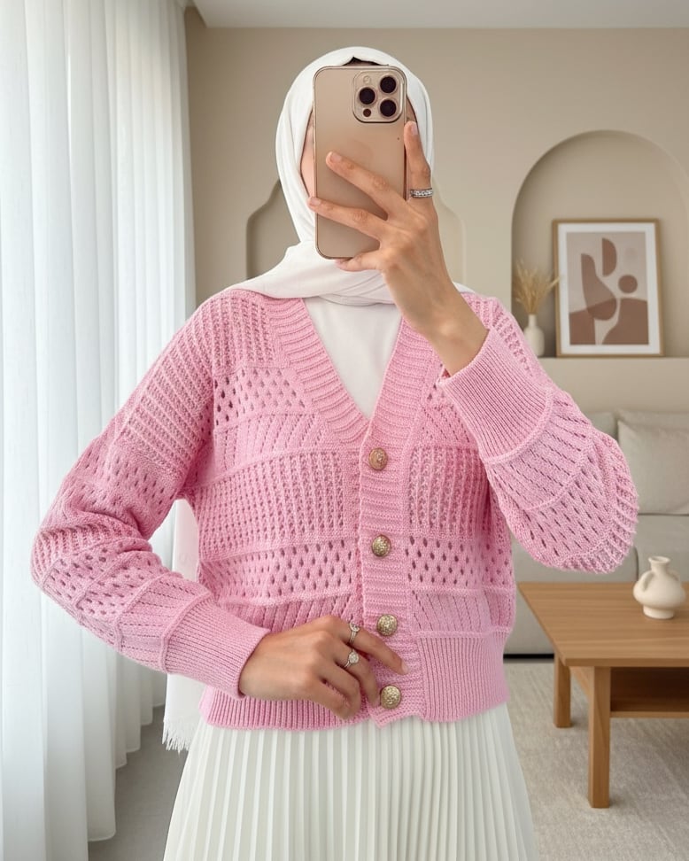 Ajurlu Düğmeli Triko Hırka -Pembe