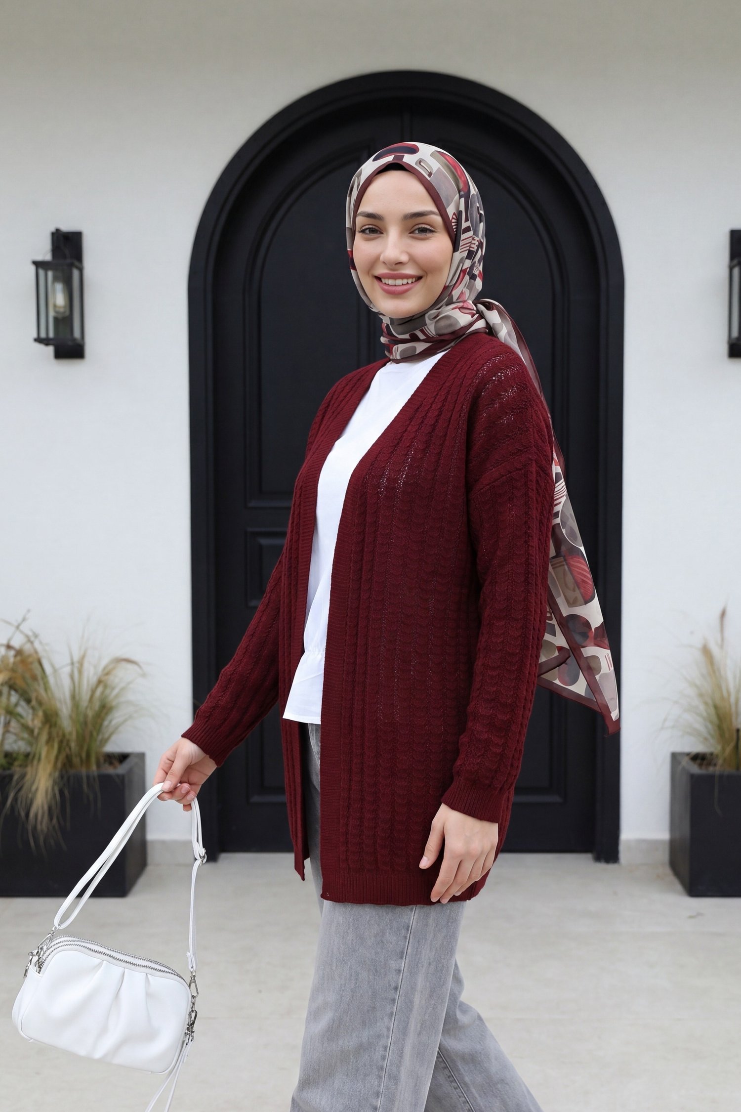 Ajurlu İnce Triko Hırka -Bordo