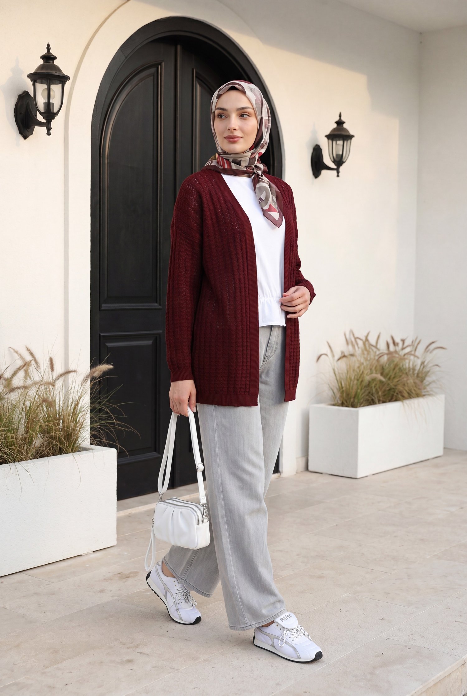 Ajurlu İnce Triko Hırka -Bordo
