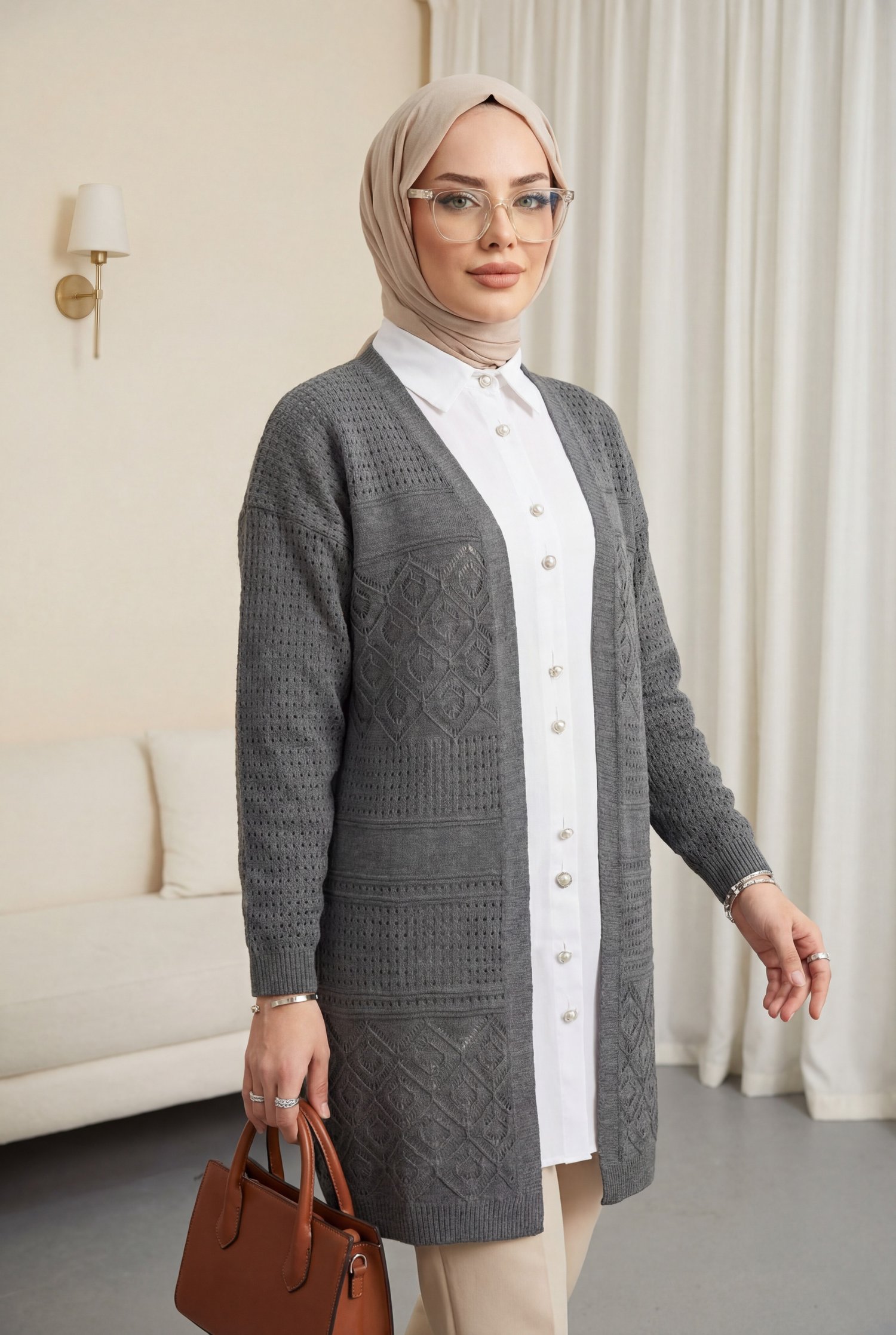 Ajurlu Mevsimlik Triko Hırka   -Füme
