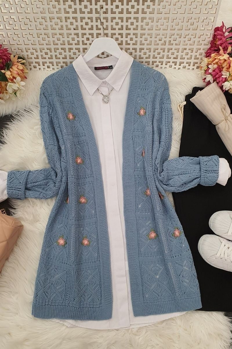 Ajurlu Nakışlı Hırka -Mavi