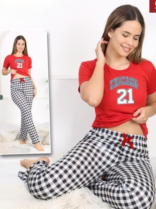 Altı Ekoseli Kısa Kollu Pijama Takımı -Kırmızı