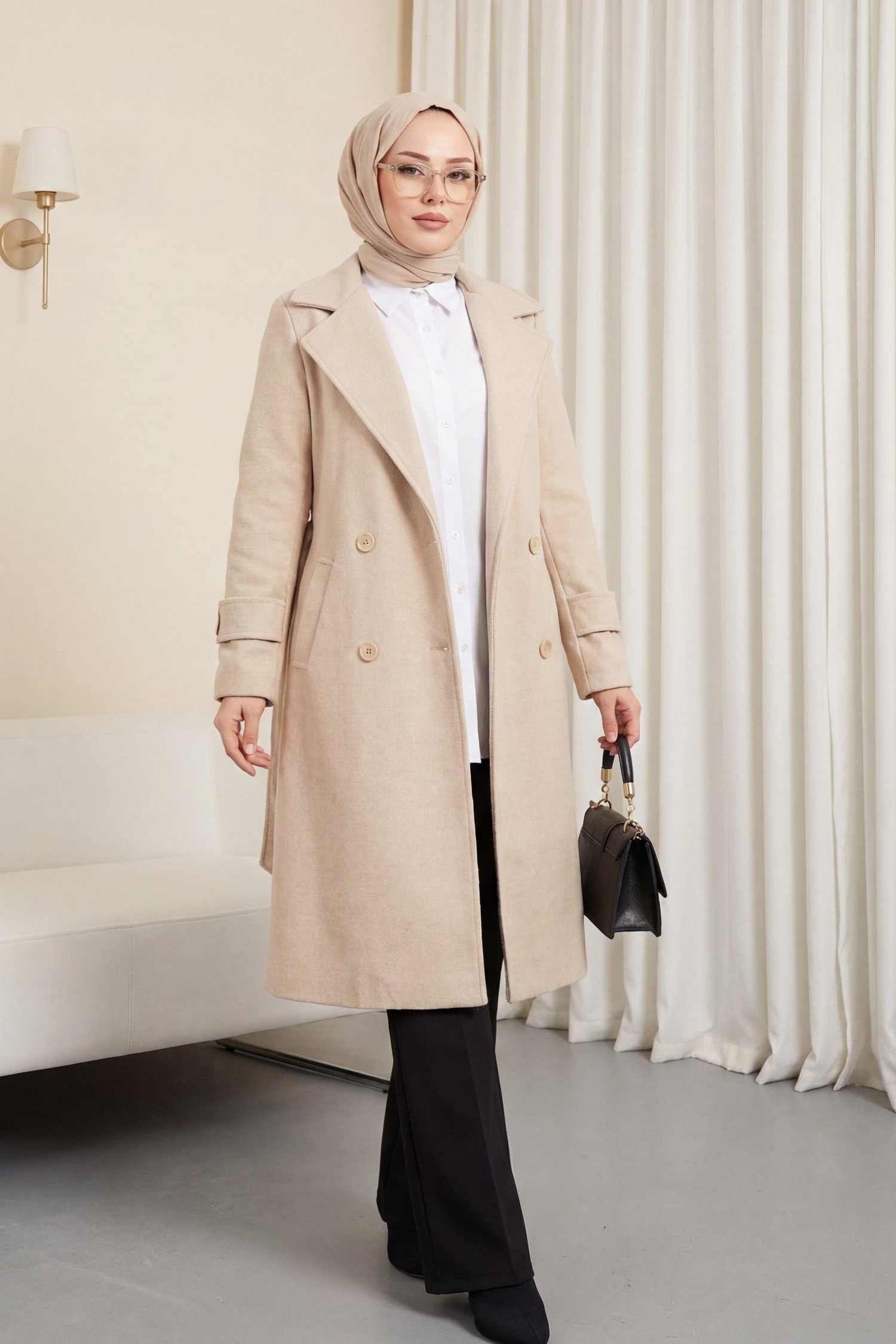 Arkası Bolero Detaylı Kemerli Kaşe Kaban -Bej
