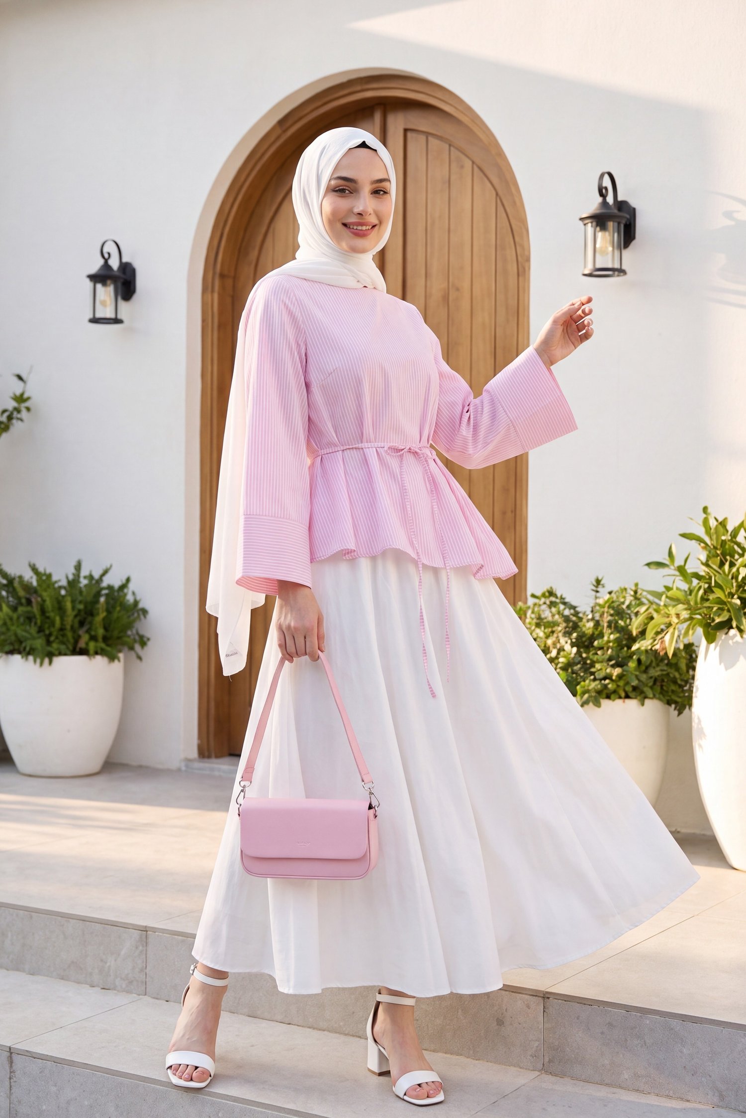 Asimetrik Kesim Beli Bağcıklı Çizgili Policoton Bluz -Pembe