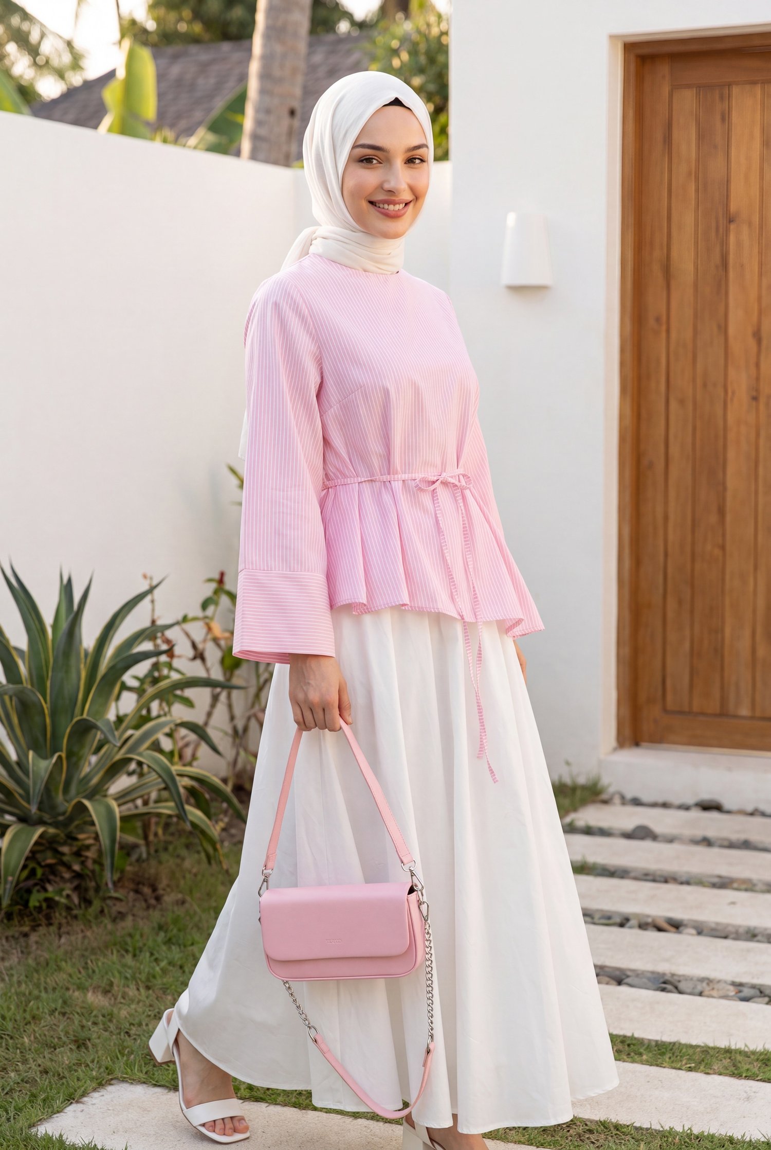 Asimetrik Kesim Beli Bağcıklı Çizgili Policoton Bluz -Pembe