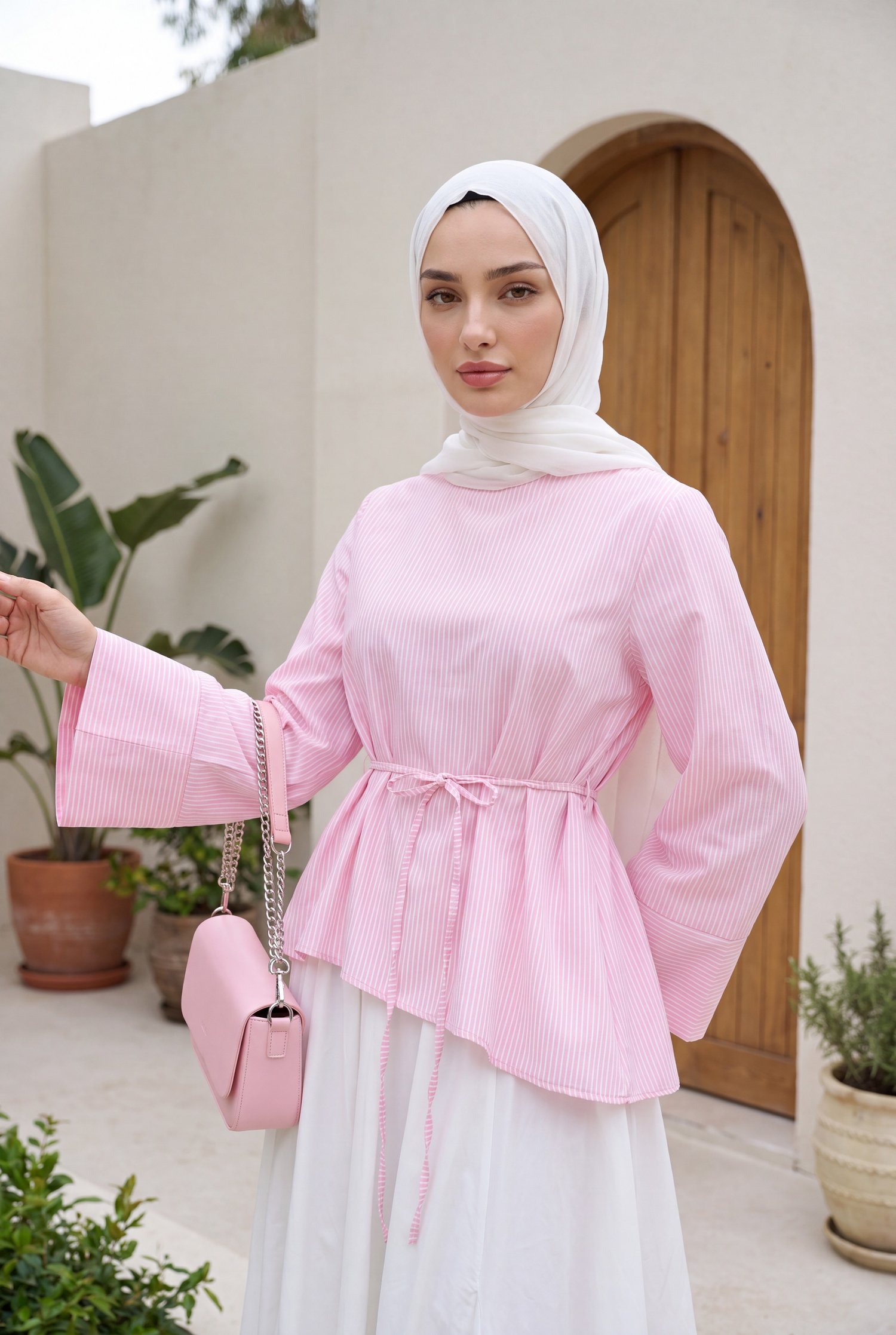 Asimetrik Kesim Beli Bağcıklı Çizgili Policoton Bluz -Pembe