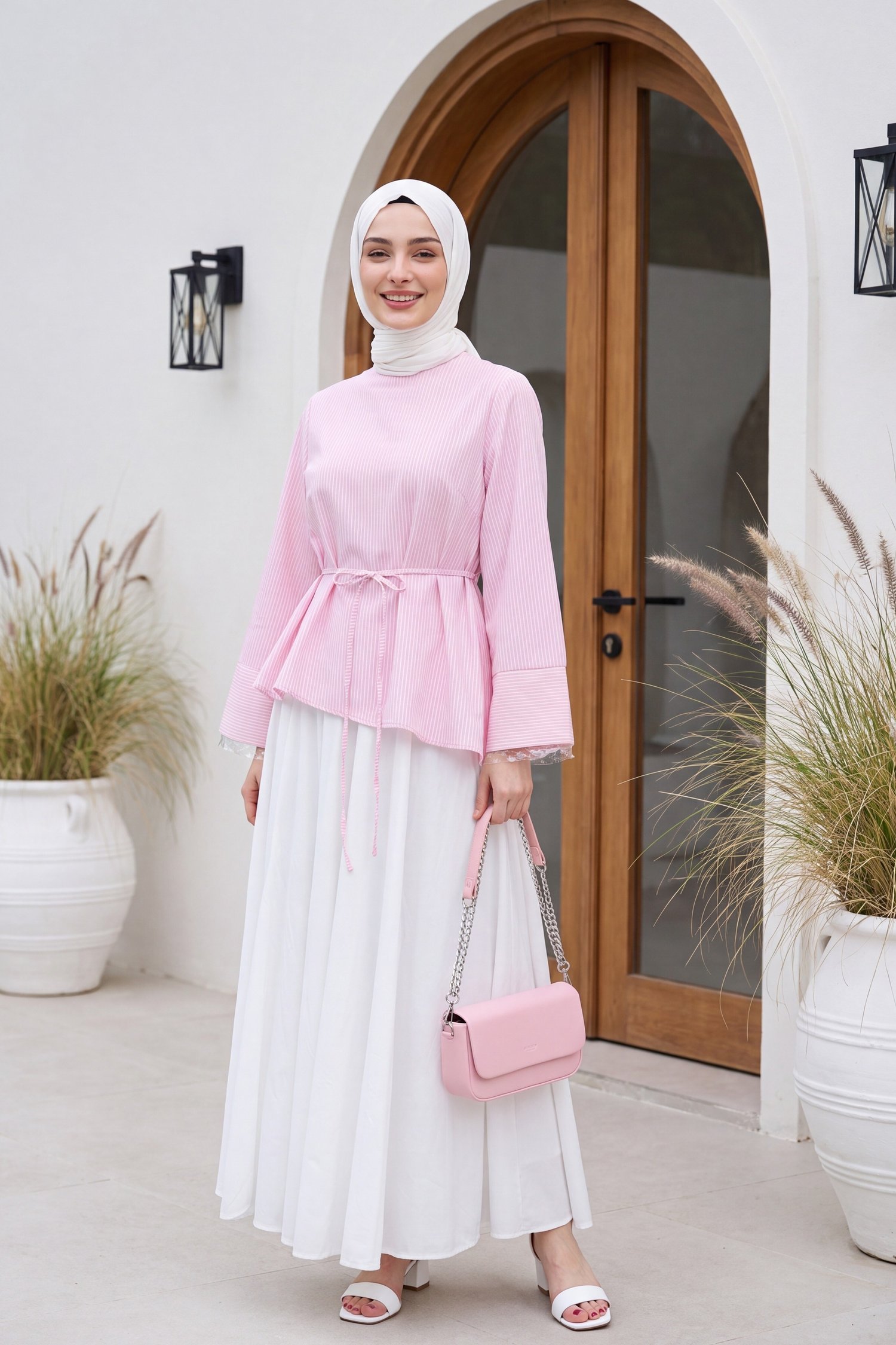 Asimetrik Kesim Beli Bağcıklı Çizgili Policoton Bluz -Pembe