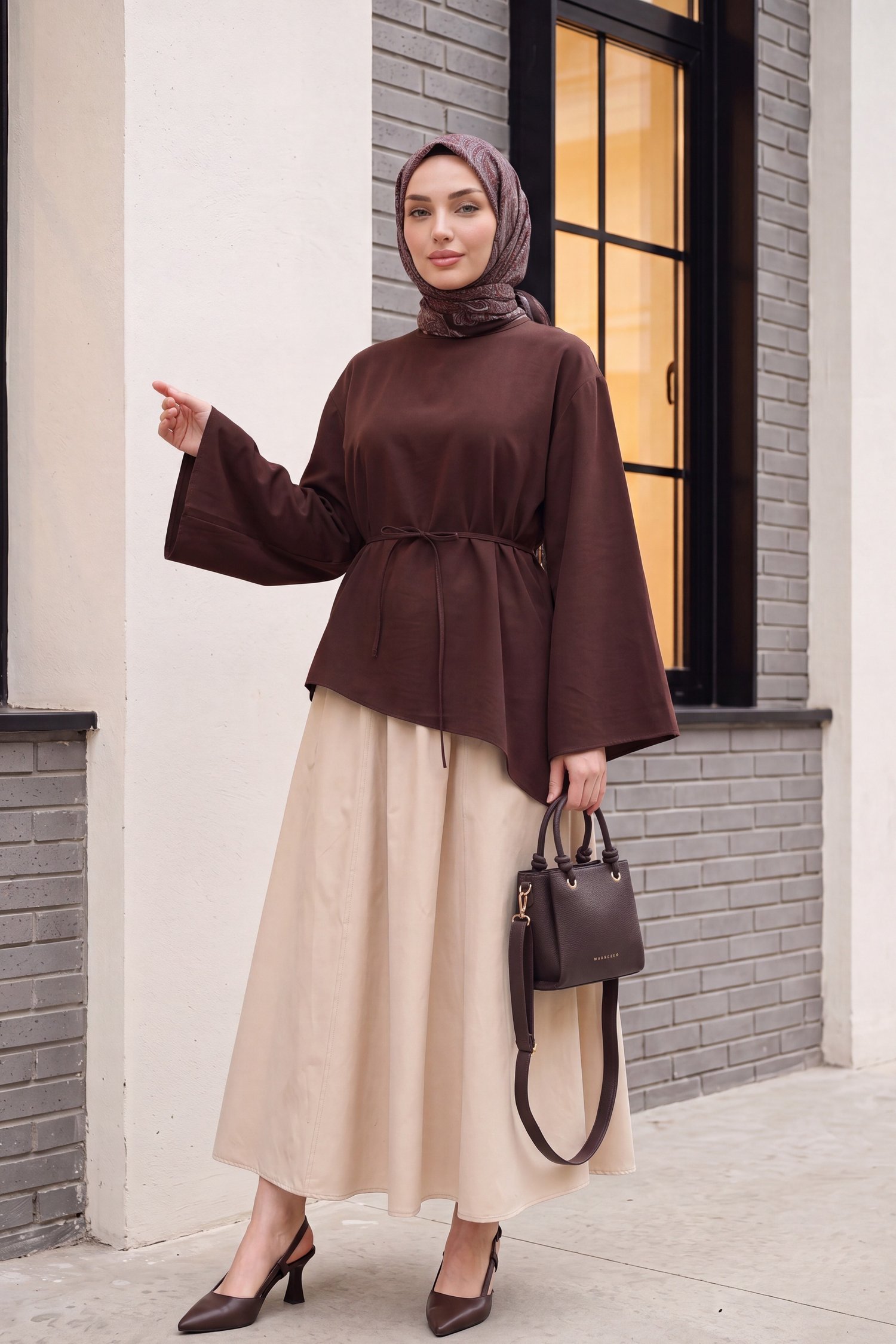 Asimetrik Kesim Beli Bağcıklı Oversize Modal Tunik  -Koyu Kahverengi