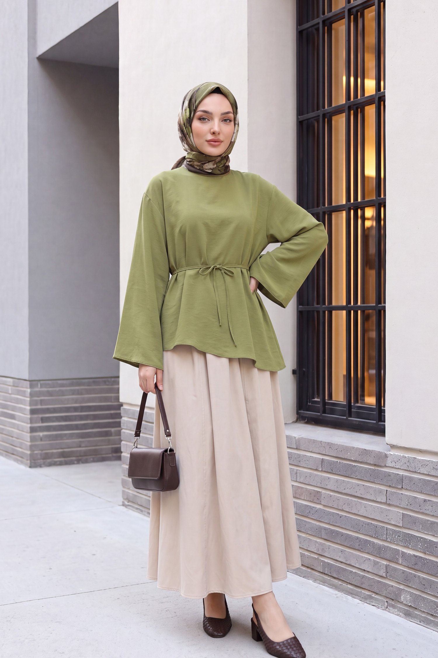 Asimetrik Kesim Beli Bağcıklı Oversize Modal Tunik  -Çağla Yeşili