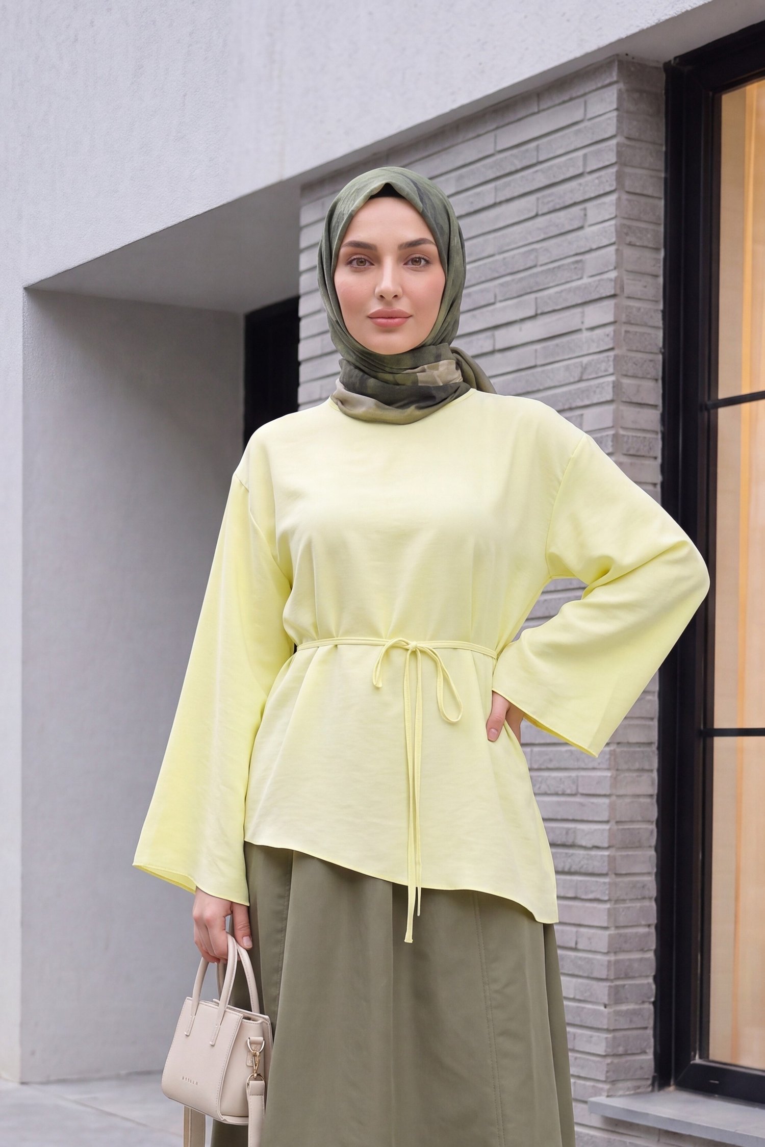Asimetrik Kesim Beli Bağcıklı Oversize Modal Tunik  -Açık Sarı