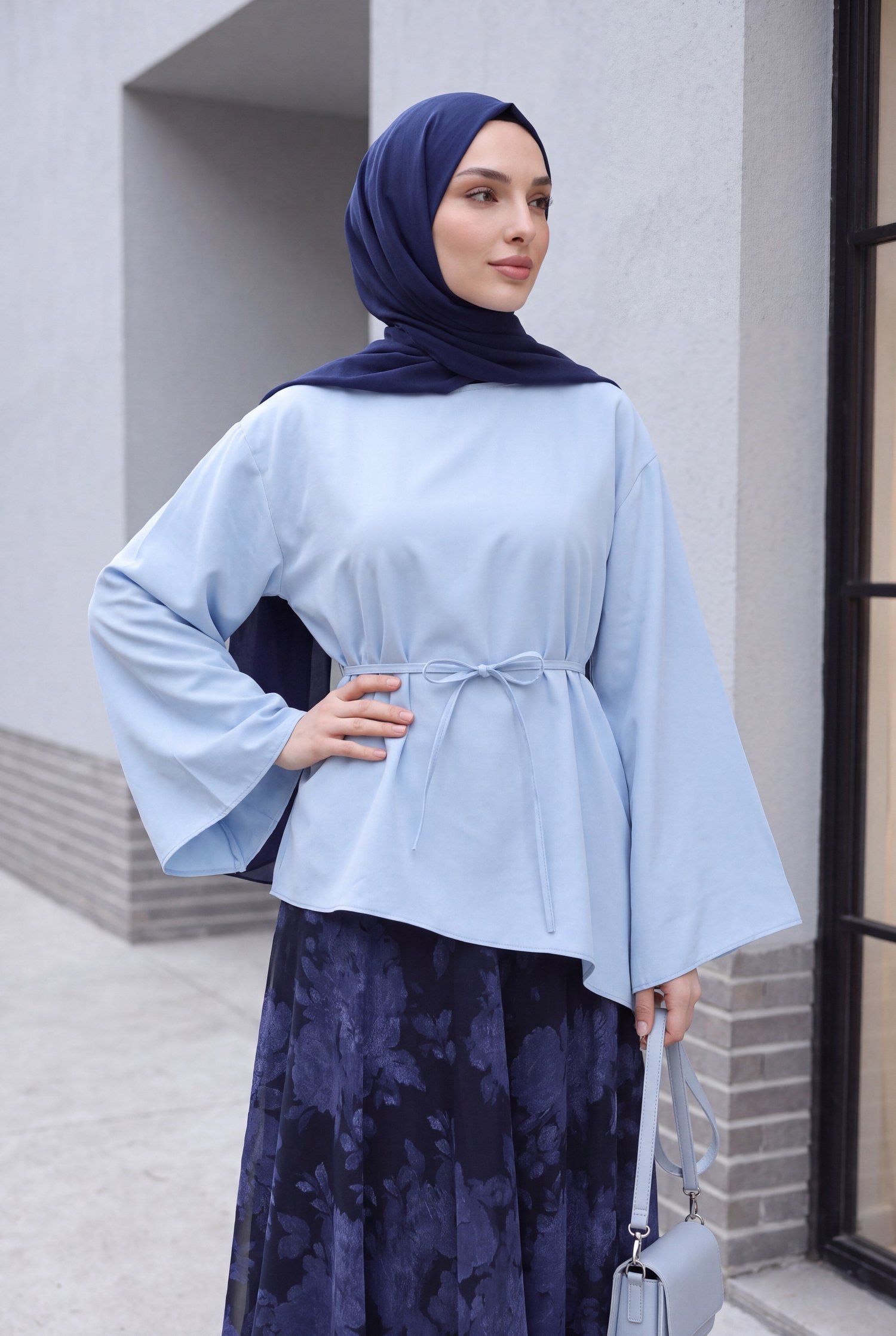 Asimetrik Kesim Beli Bağcıklı Oversize Modal Tunik  -Bebe Mavi