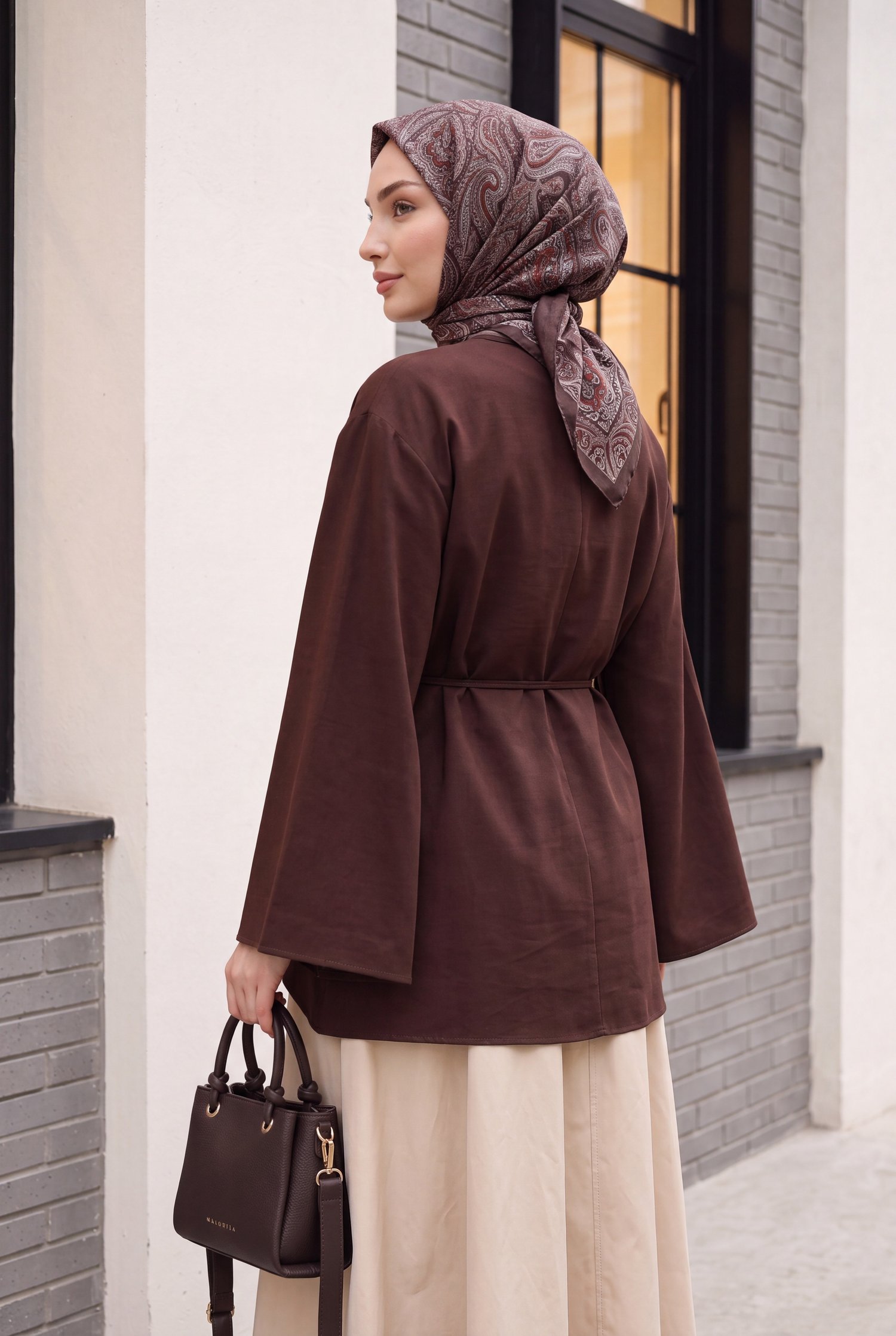Asimetrik Kesim Beli Bağcıklı Oversize Modal Tunik  -Koyu Kahverengi