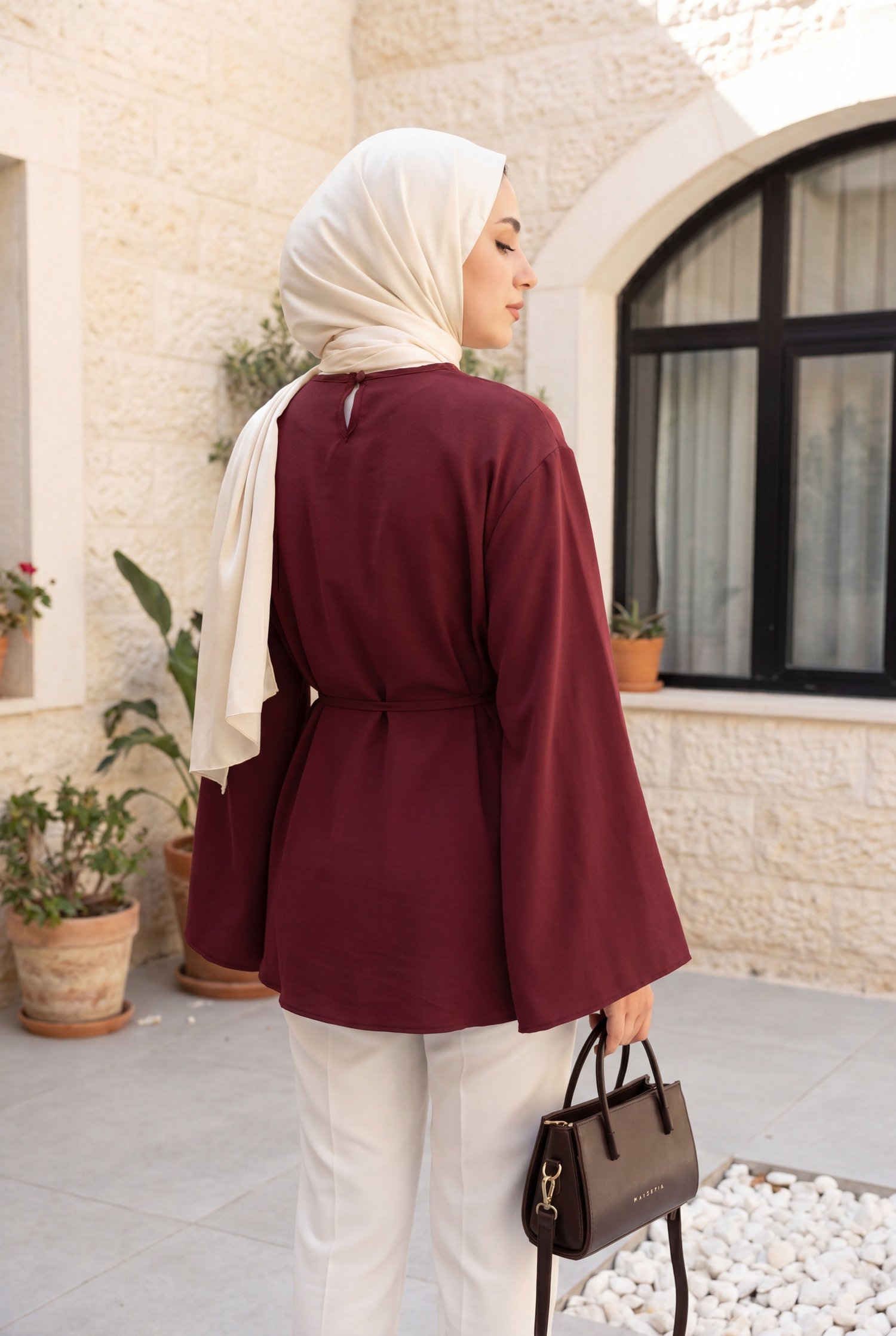 Asimetrik Kesim Beli Bağcıklı Oversize Modal Tunik -Bordo