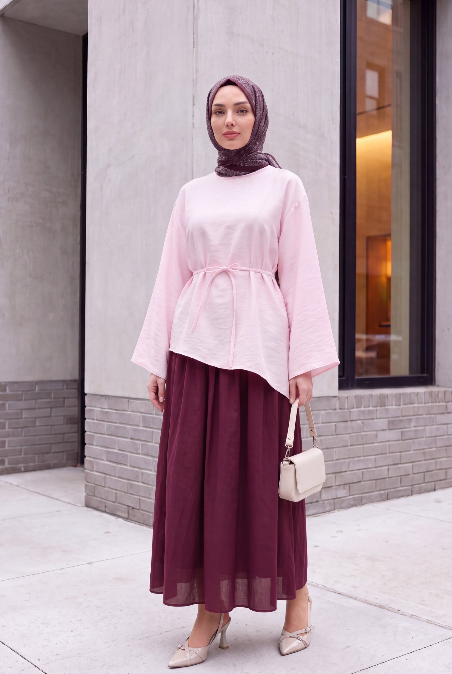 Asimetrik Kesim Beli Bağcıklı Oversize Modal Tunik  -Pudra