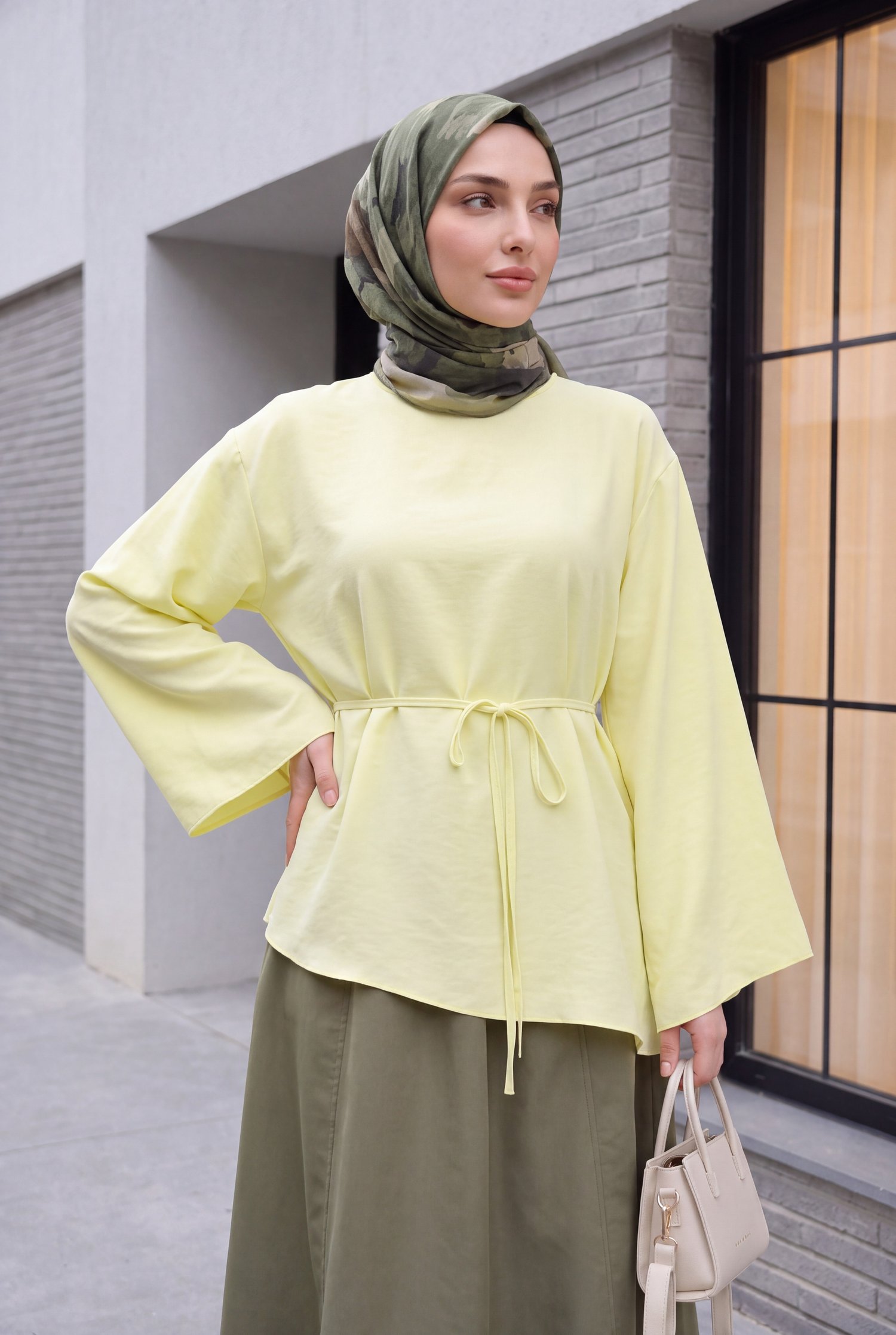 Asimetrik Kesim Beli Bağcıklı Oversize Modal Tunik  -Açık Sarı