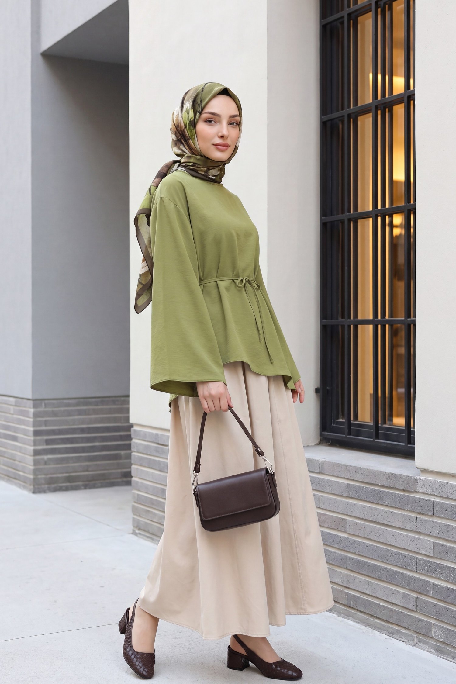 Asimetrik Kesim Beli Bağcıklı Oversize Modal Tunik  -Çağla Yeşili