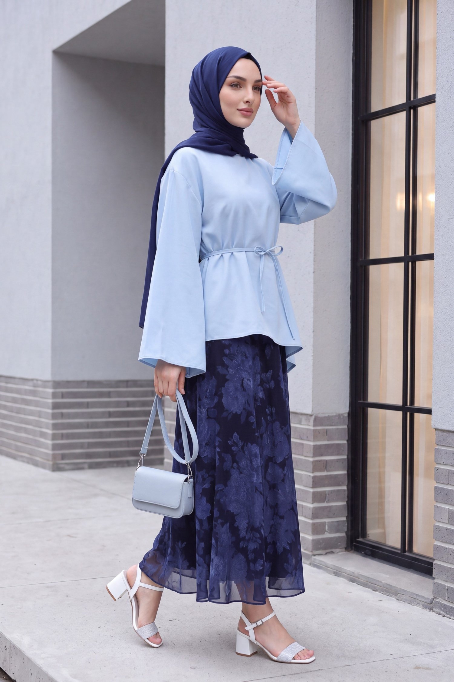 Asimetrik Kesim Beli Bağcıklı Oversize Modal Tunik  -Bebe Mavi