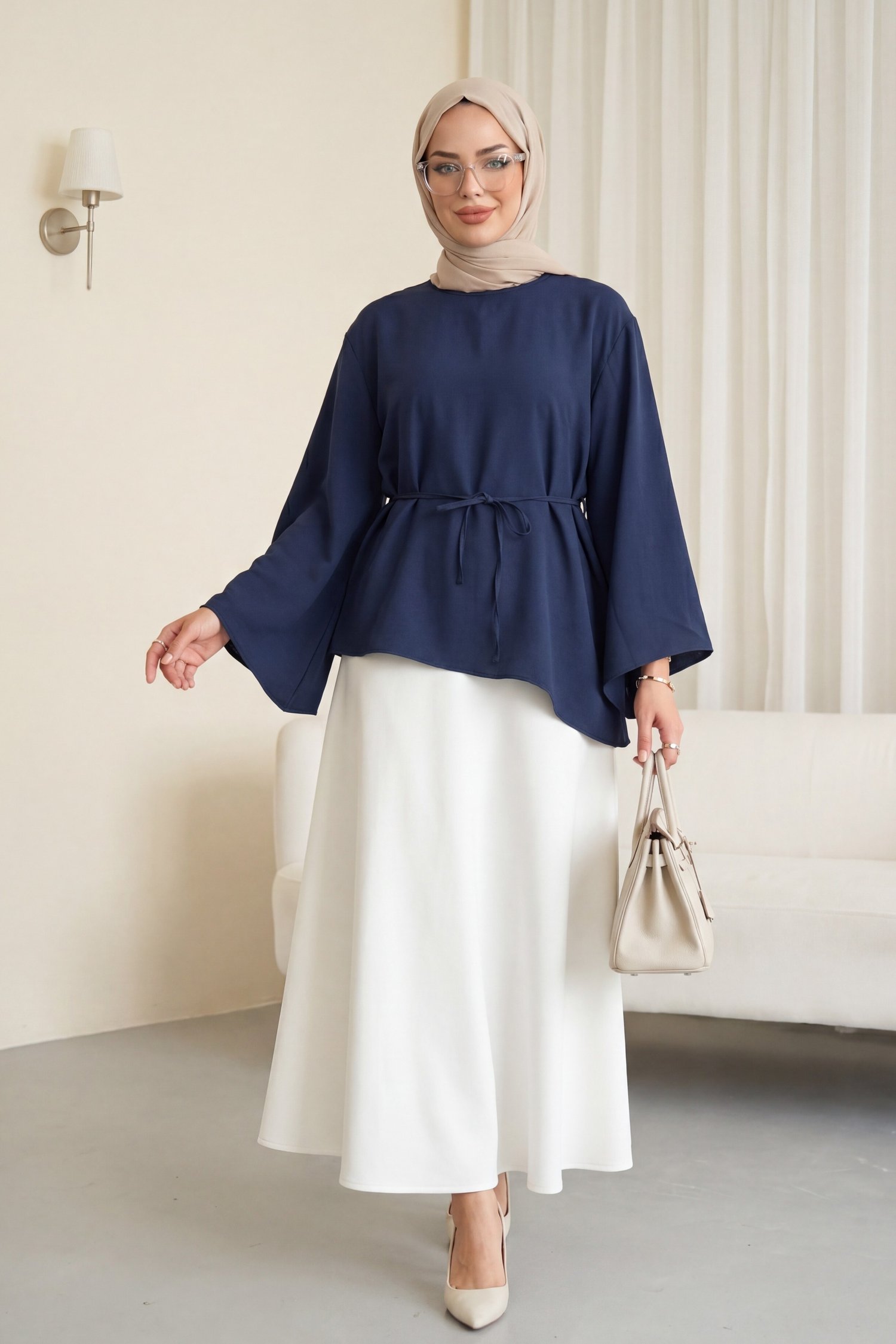 Asimetrik Kesim Beli Bağcıklı Oversize Modal Tunik -Lacivert