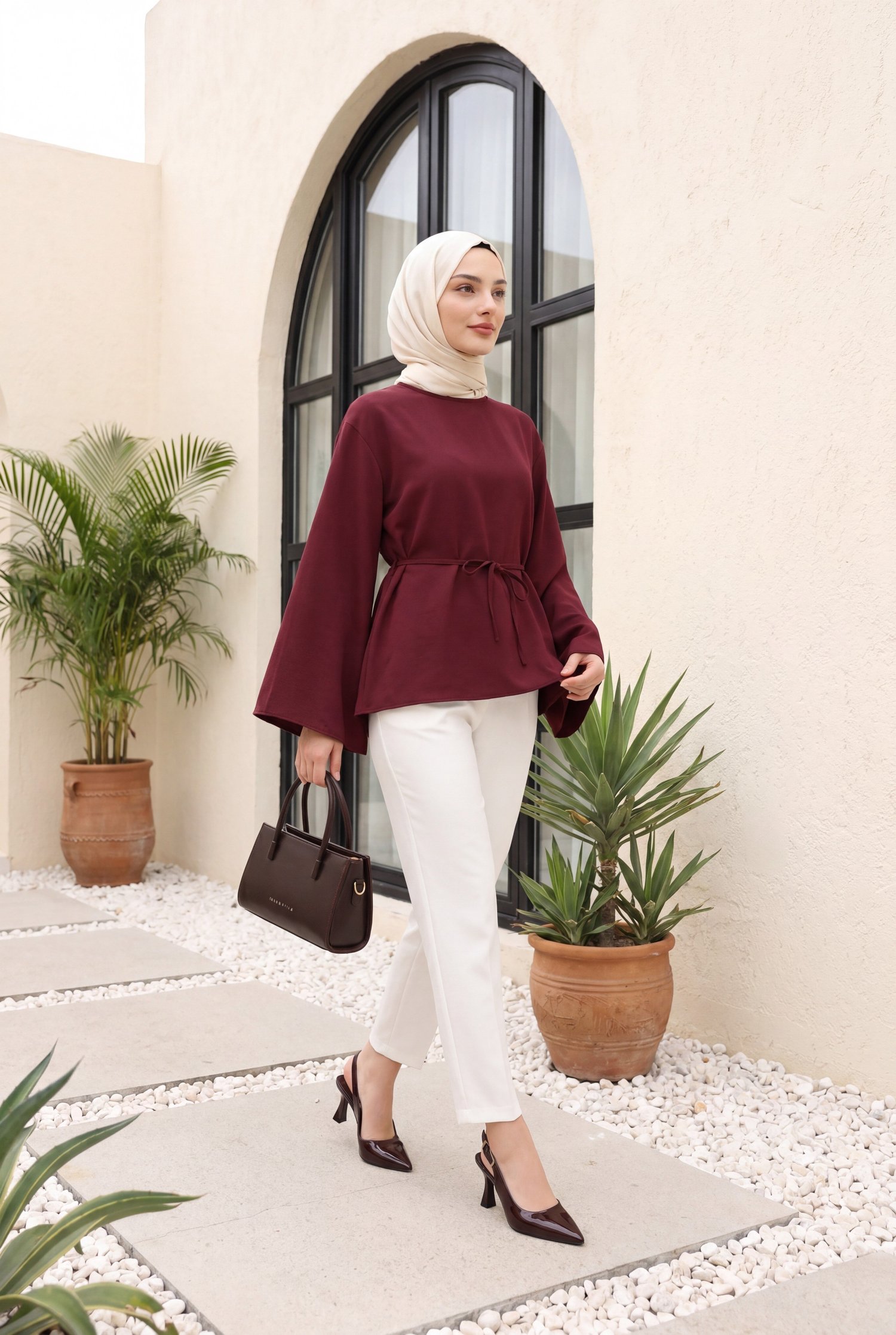 Asimetrik Kesim Beli Bağcıklı Oversize Modal Tunik -Bordo