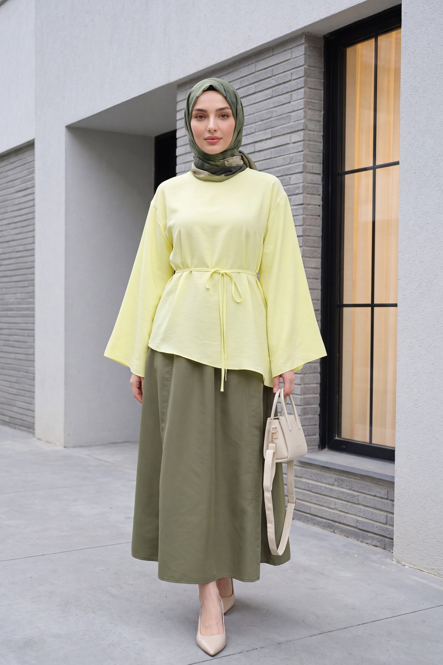 Asimetrik Kesim Beli Bağcıklı Oversize Modal Tunik  -Açık Sarı