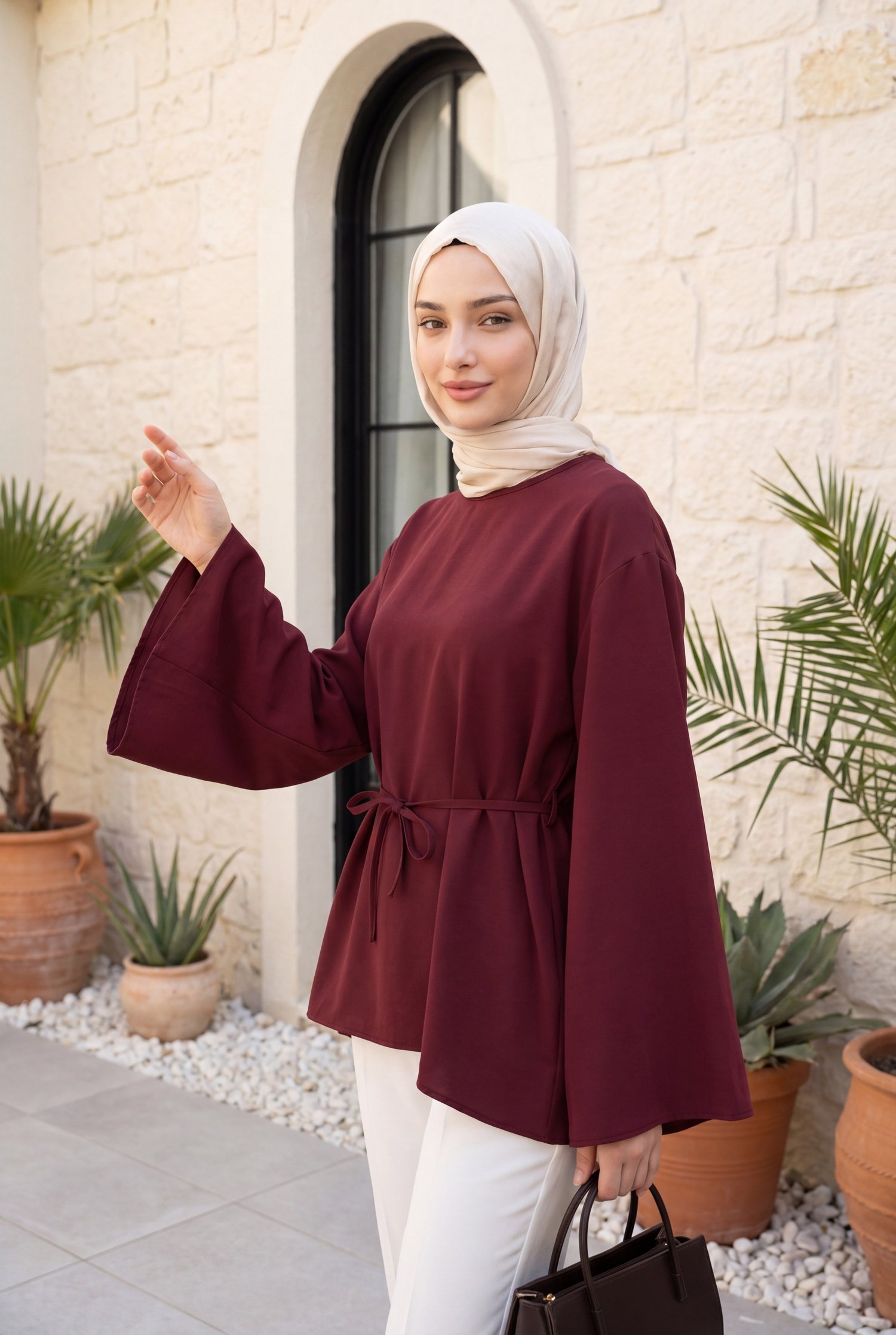 Asimetrik Kesim Beli Bağcıklı Oversize Modal Tunik -Bordo