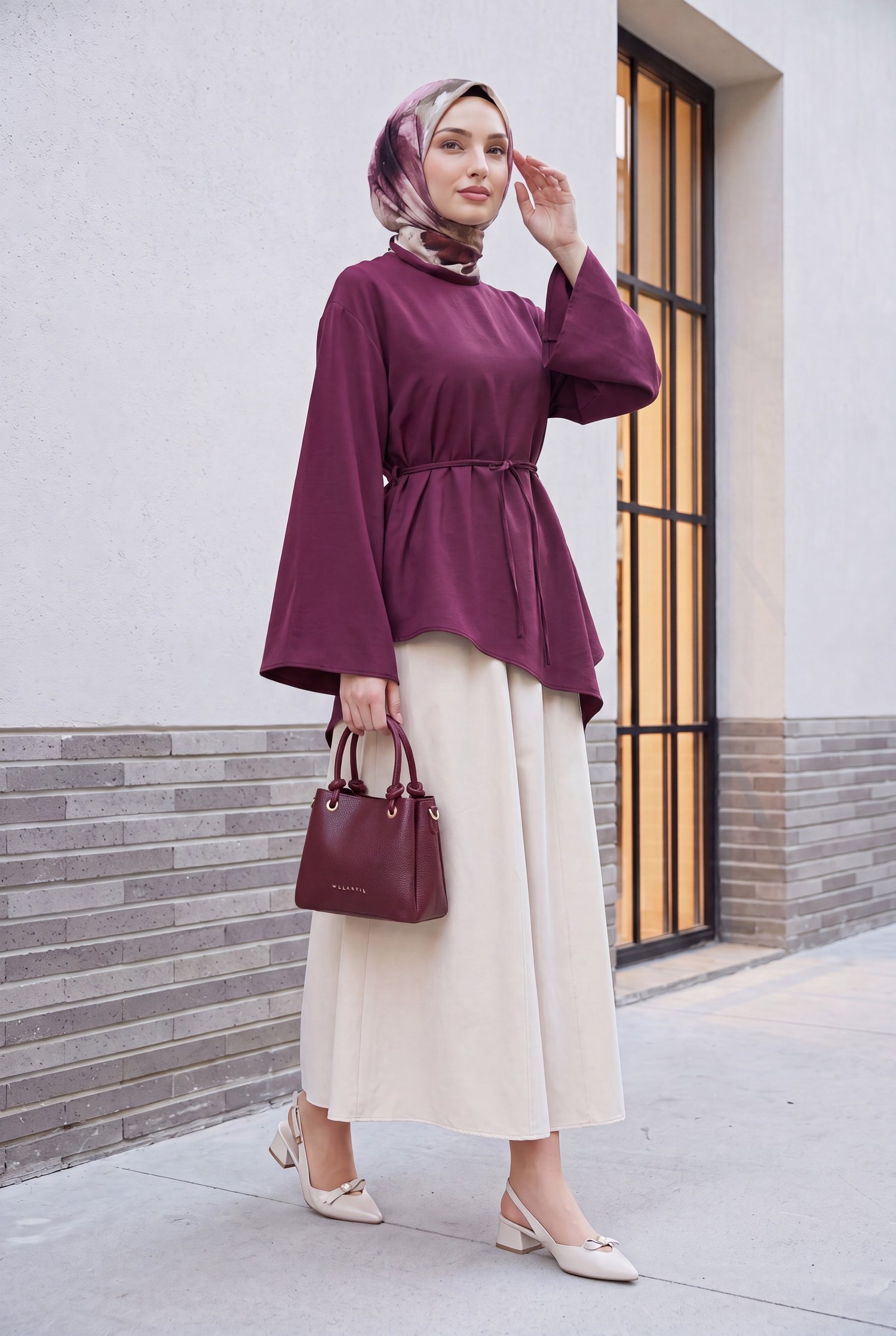 Asimetrik Kesim Beli Bağcıklı Oversize Modal Tunik  -Mürdüm
