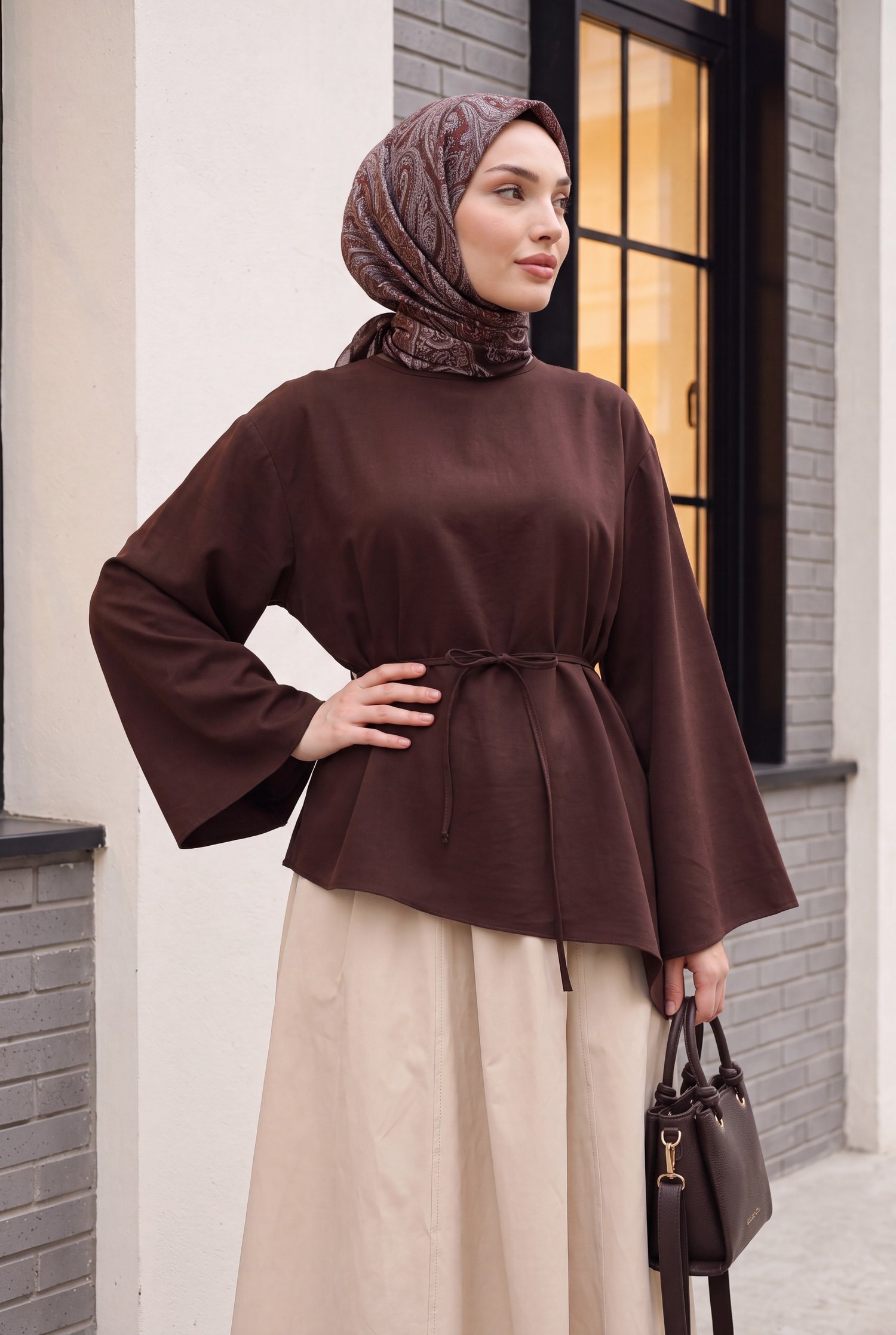 Asimetrik Kesim Beli Bağcıklı Oversize Modal Tunik  -Koyu Kahverengi