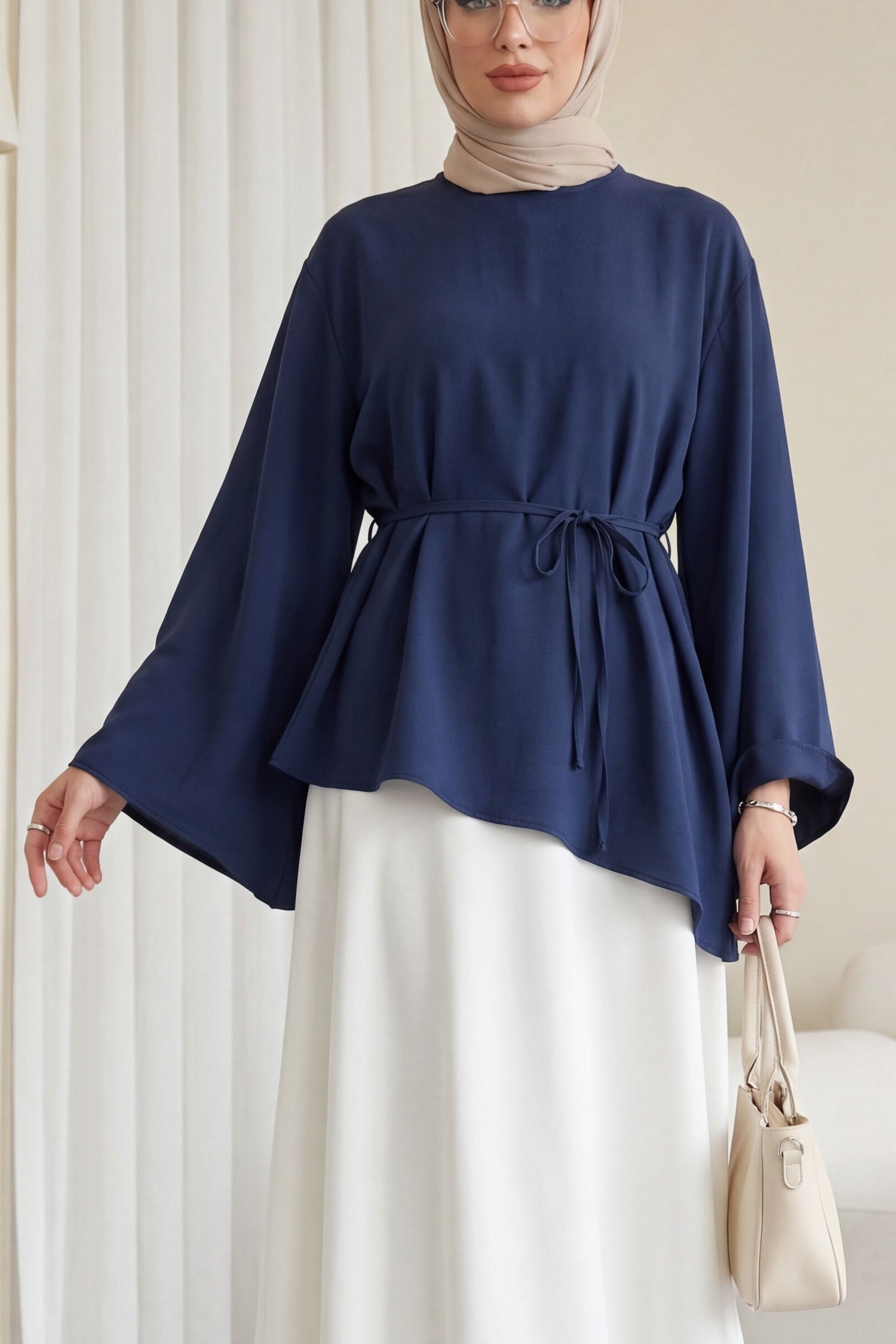 Asimetrik Kesim Beli Bağcıklı Oversize Modal Tunik -Lacivert