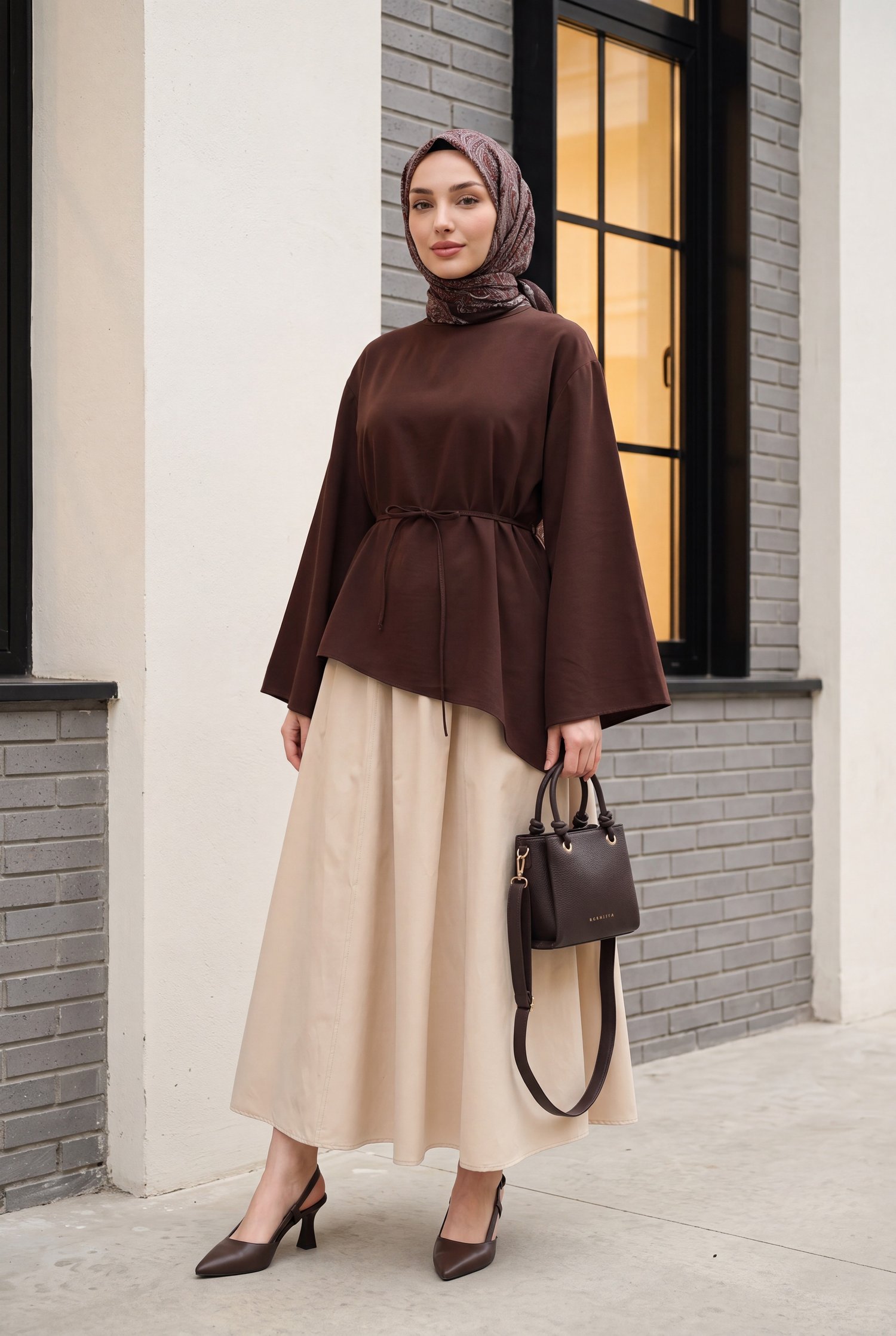 Asimetrik Kesim Beli Bağcıklı Oversize Modal Tunik  -Koyu Kahverengi
