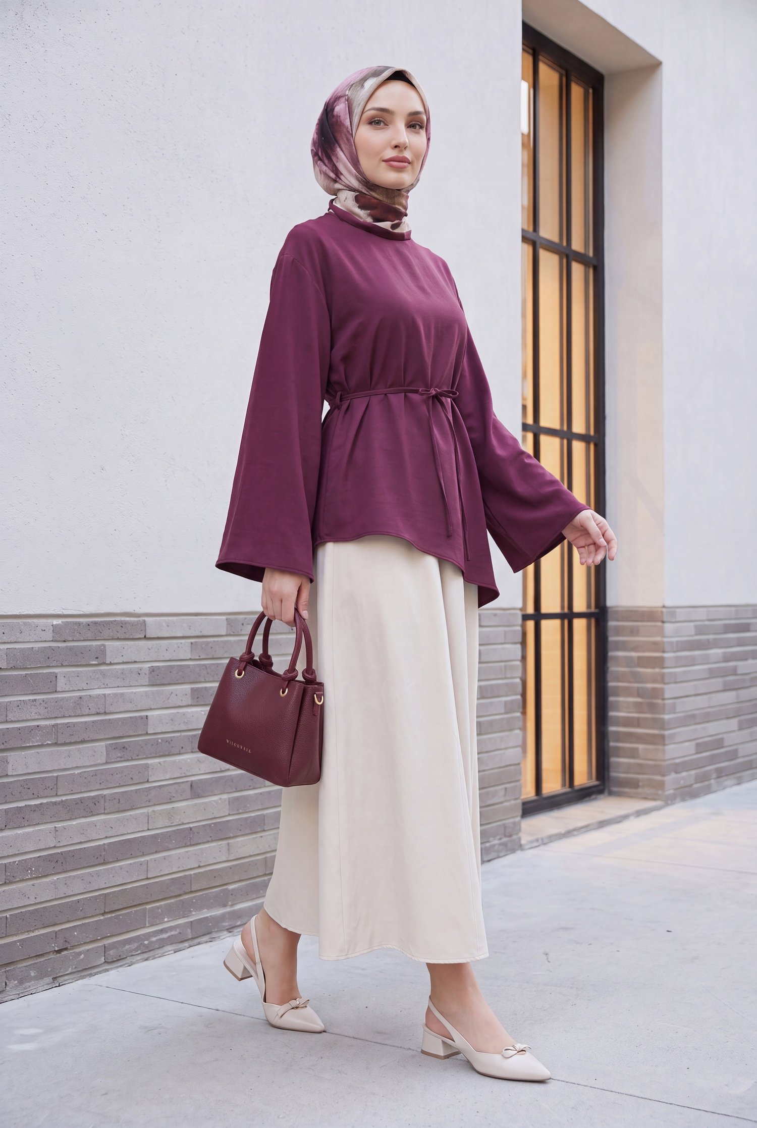 Asimetrik Kesim Beli Bağcıklı Oversize Modal Tunik  -Mürdüm