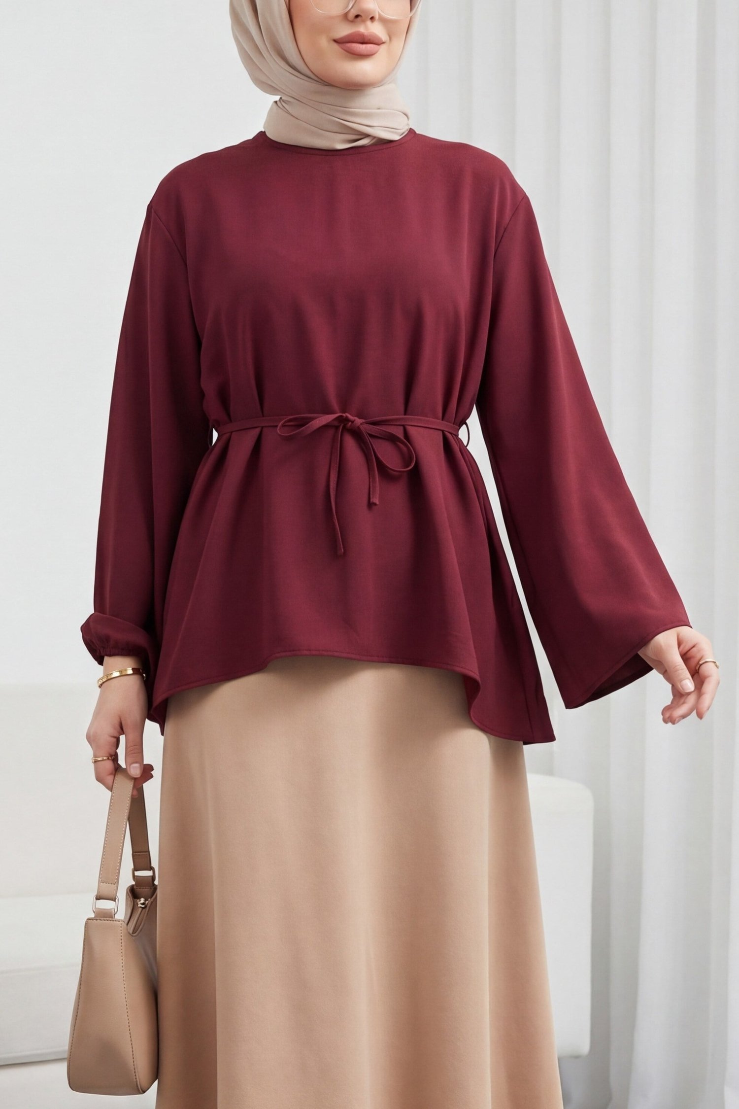 Asimetrik Kesim Beli Bağcıklı Oversize Modal Tunik -Bordo
