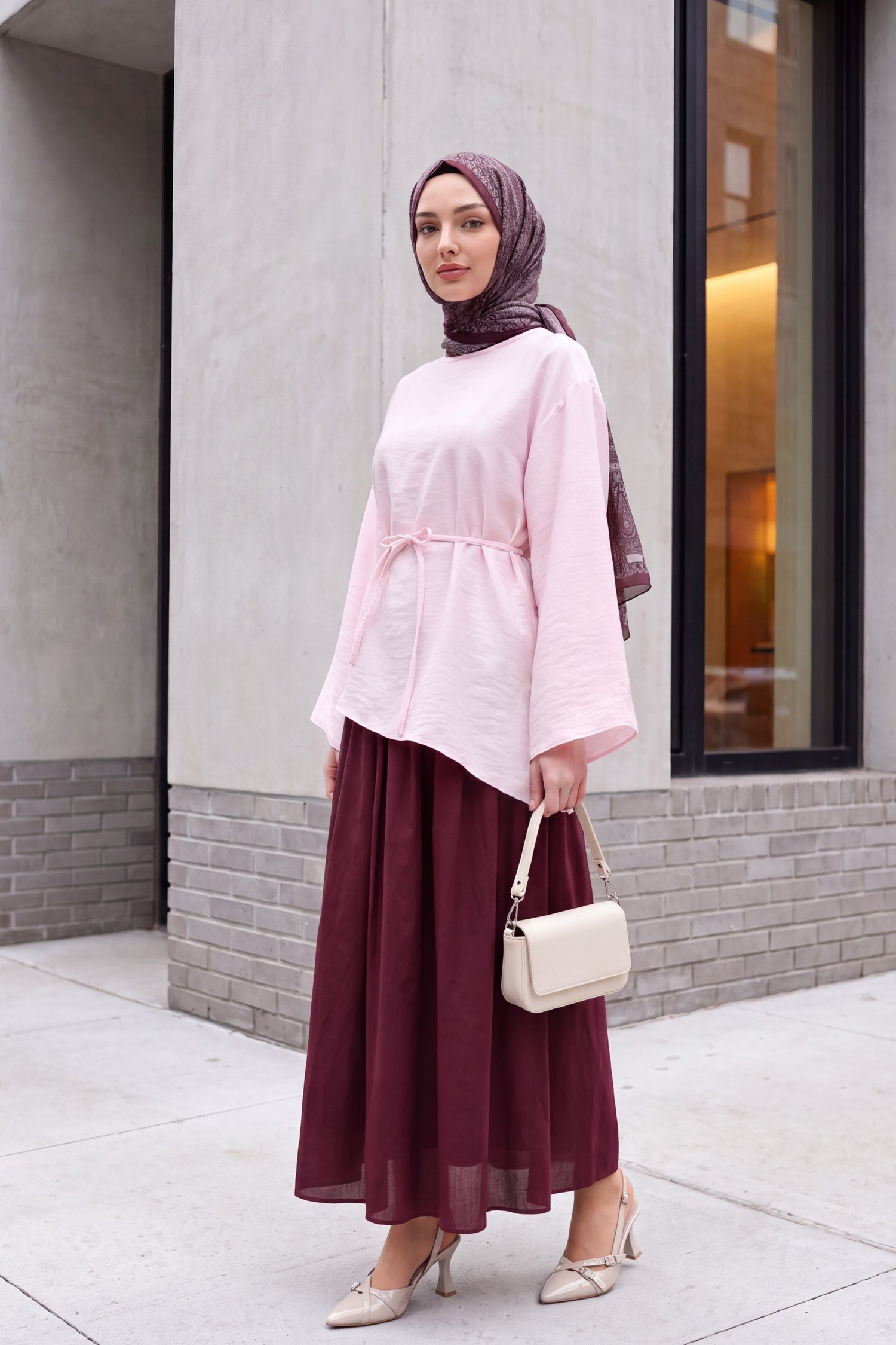Asimetrik Kesim Beli Bağcıklı Oversize Modal Tunik  -Pudra