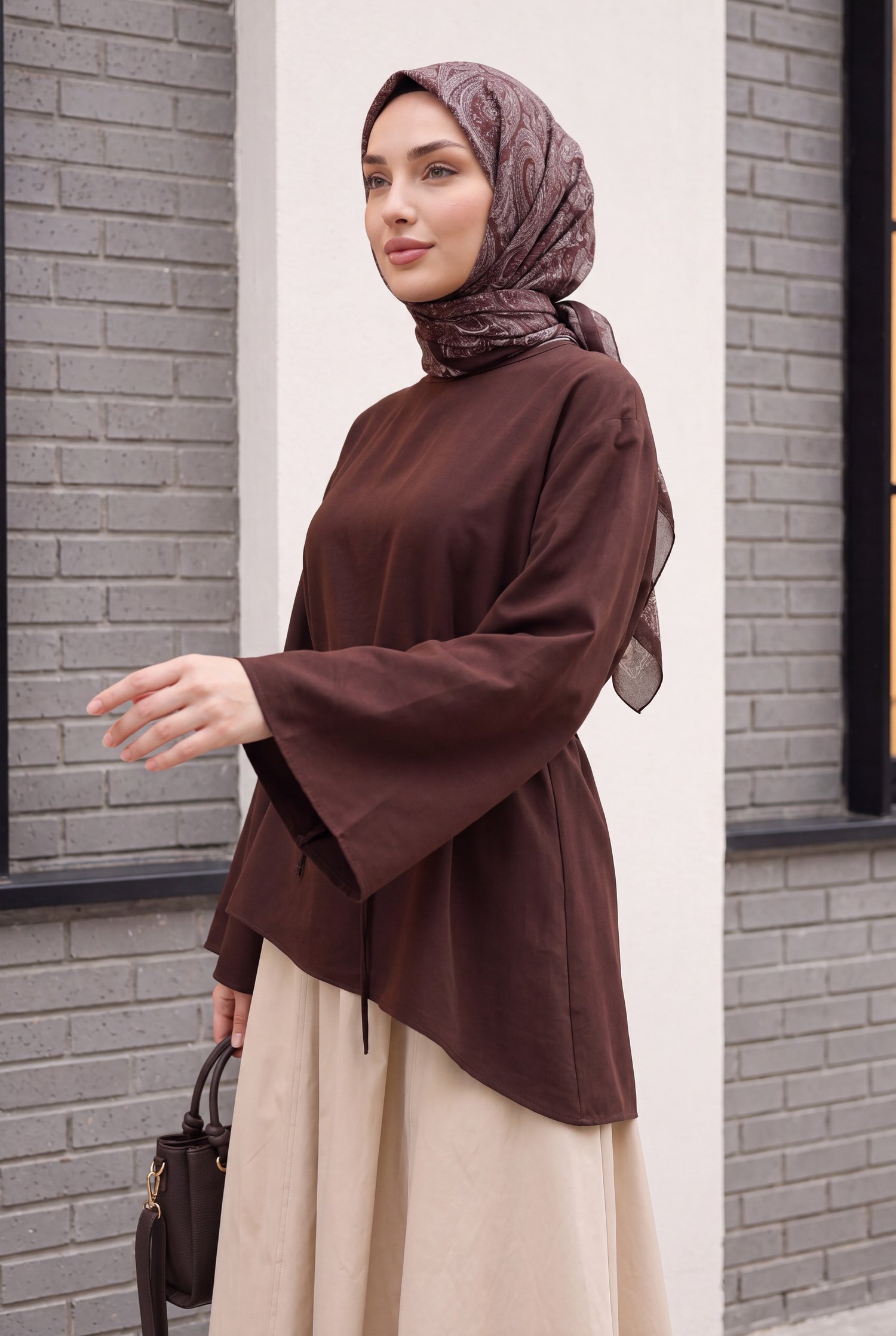 Asimetrik Kesim Beli Bağcıklı Oversize Modal Tunik  -Koyu Kahverengi