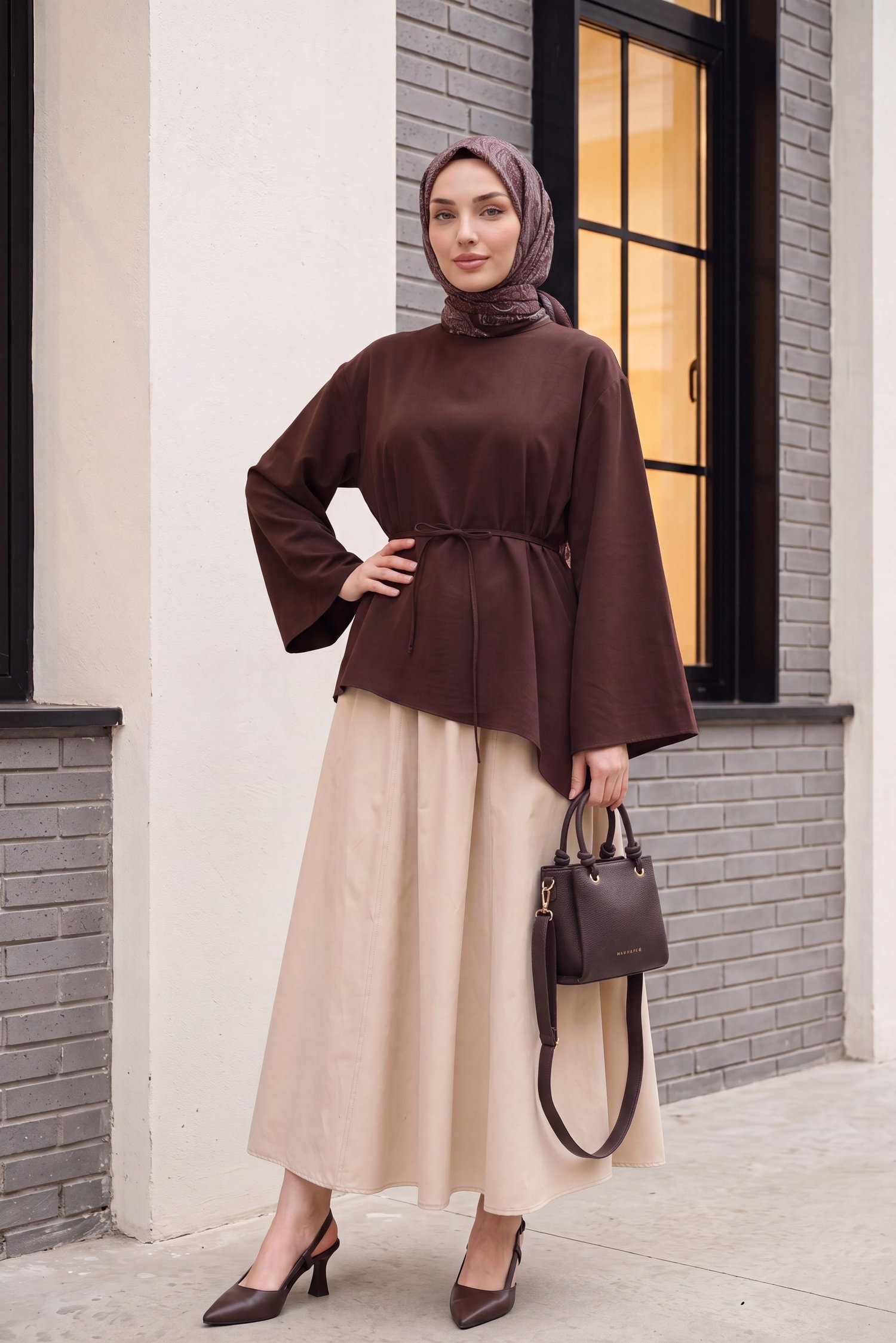 Asimetrik Kesim Beli Bağcıklı Oversize Modal Tunik  -Koyu Kahverengi