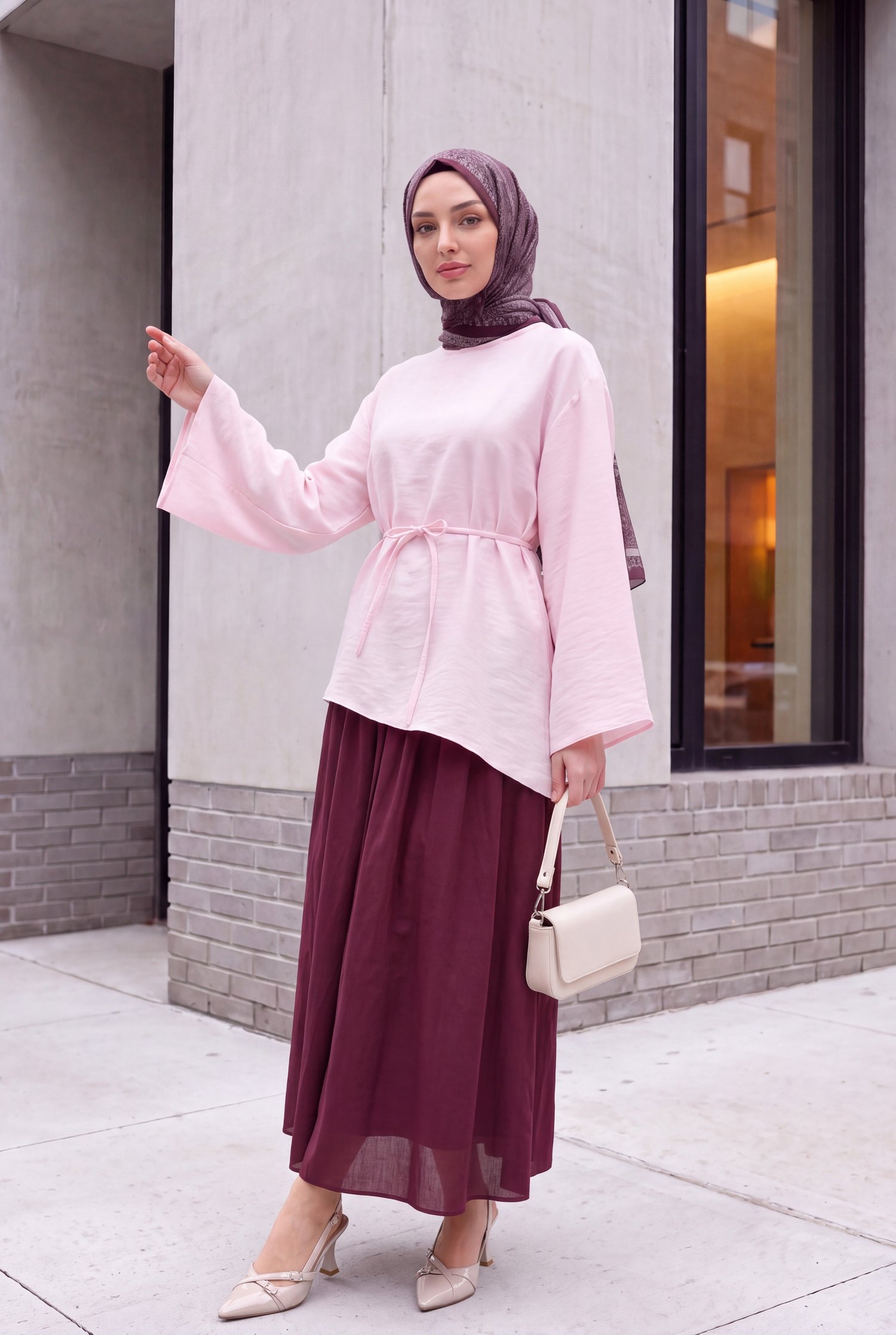 Asimetrik Kesim Beli Bağcıklı Oversize Modal Tunik  -Pudra
