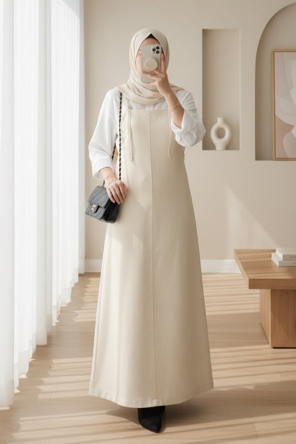 Askılı Gabardin Jile Elbise -Bej