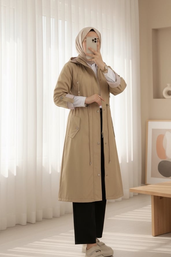 Astarı Çizgili Trençkot       -Açık Vizon