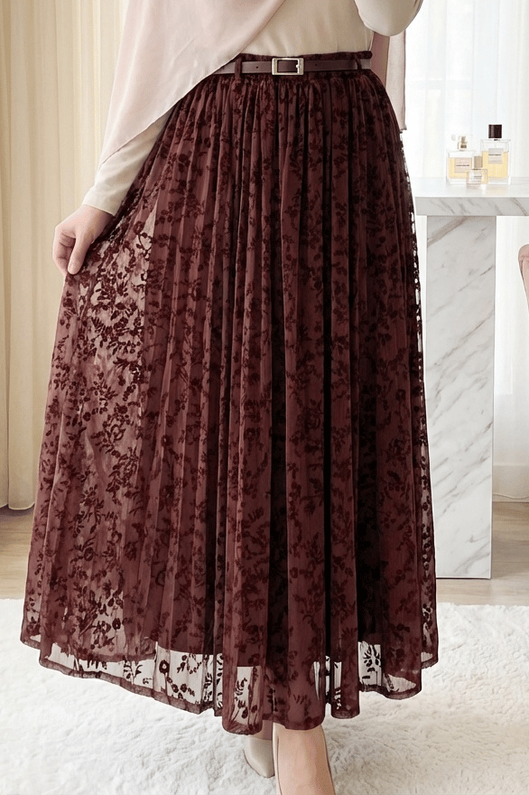 Astarlı Kemerli Kabartma Desenli Organze Etek -K. Bordo