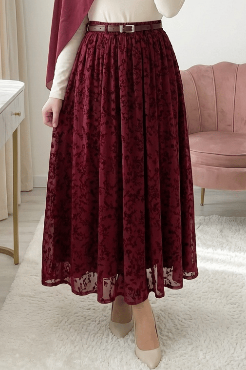 Astarlı Kemerli Kabartma Desenli Organze Etek -Bordo