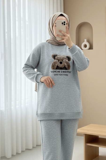 Ayıcık Baskılı Şardonlu 3 İplik Sweat Takım  -Açık Gri