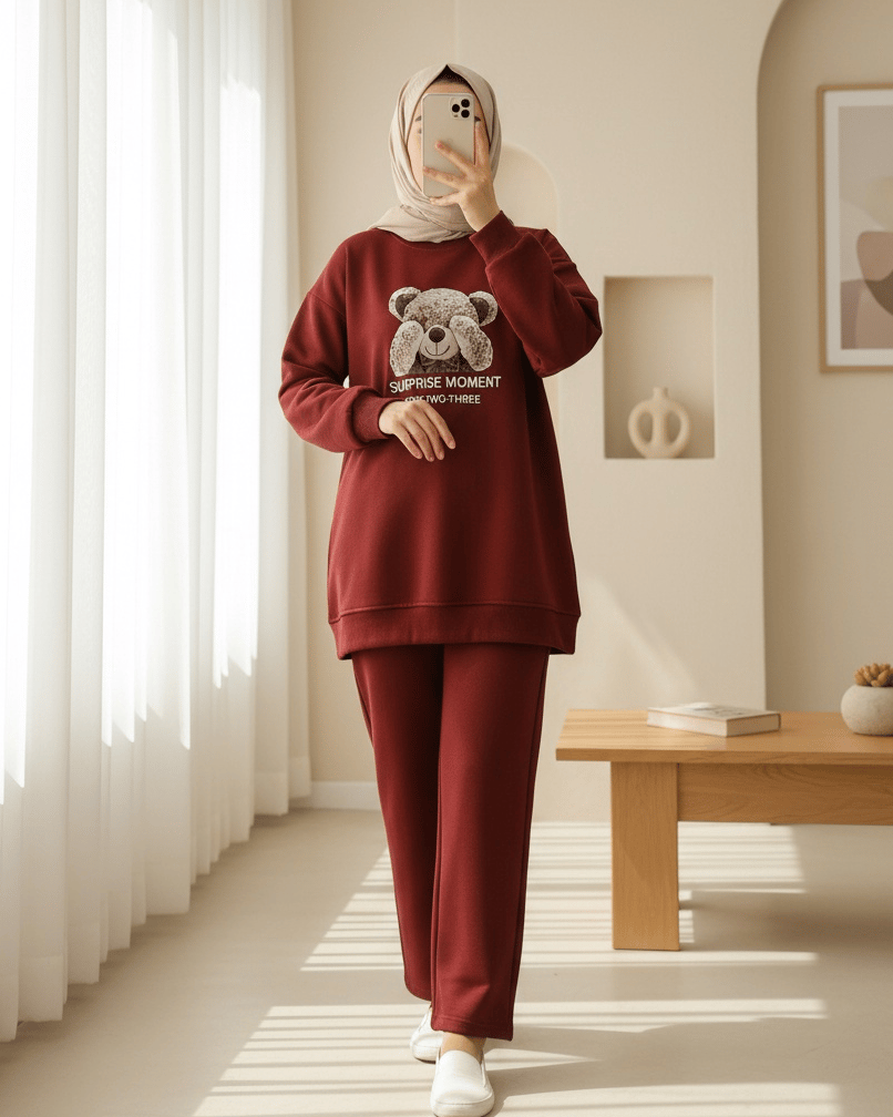 Ayıcık Baskılı Şardonlu 3 İplik Sweat Takım  -Bordo