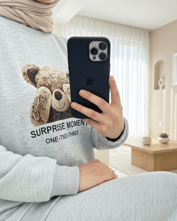 Ayıcık Baskılı Şardonlu 3 İplik Sweat Takım  -Açık Gri