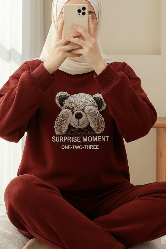 Ayıcık Baskılı Şardonlu 3 İplik Sweat Takım  -Bordo