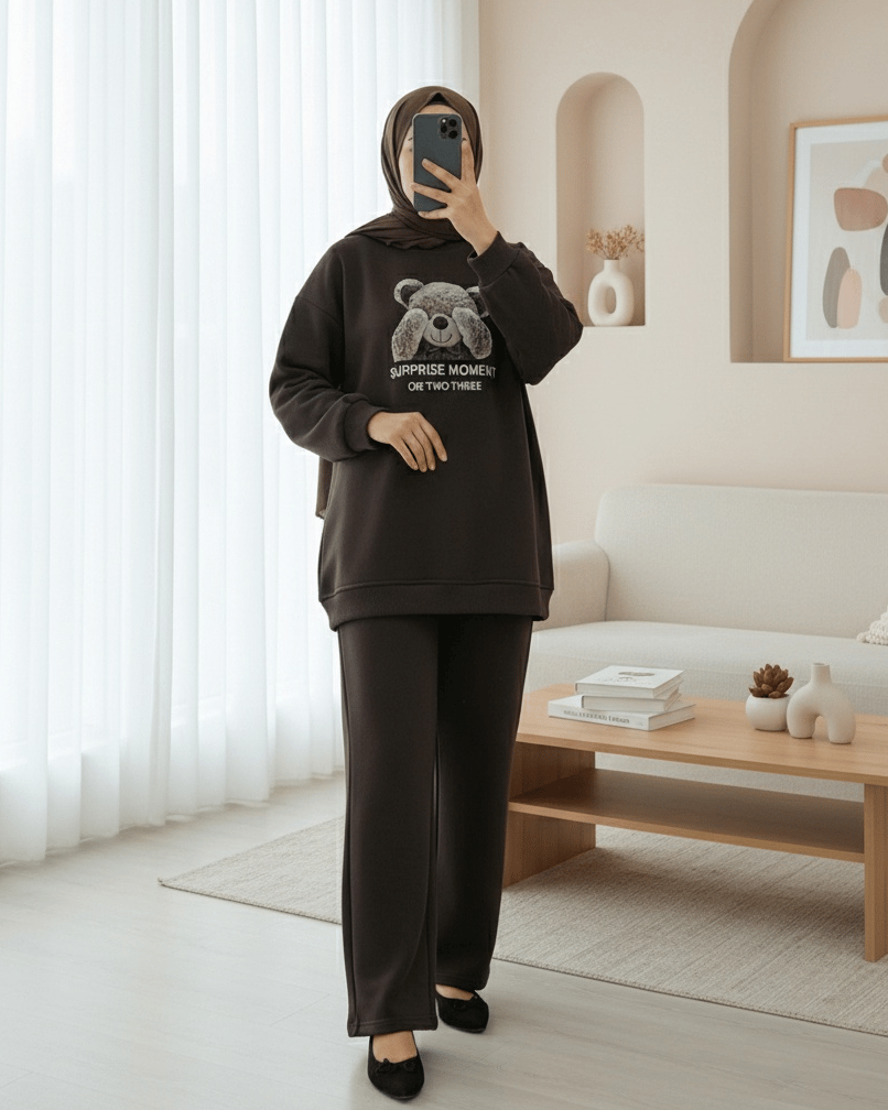 Ayıcık Baskılı Şardonlu 3 İplik Sweat Takım  -K. Kahve