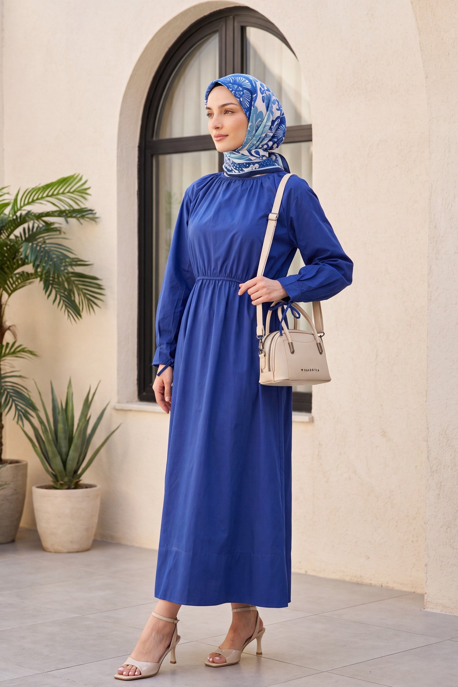 Bağlama Detaylı Beli Lastikli Poplin Elbise -Saks