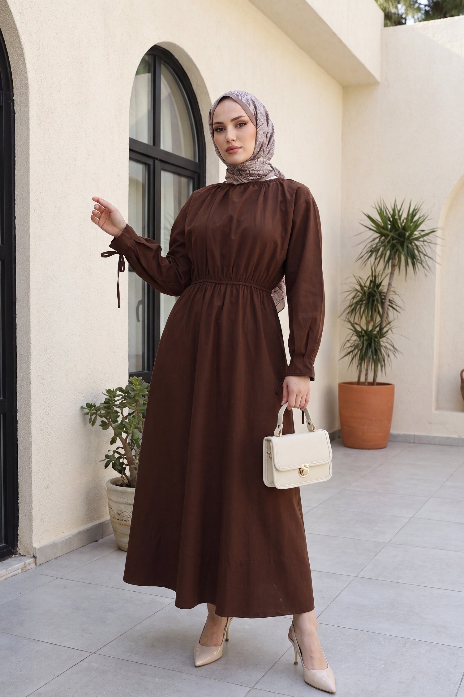 Bağlama Detaylı Beli Lastikli Poplin Elbise -Kahverengi