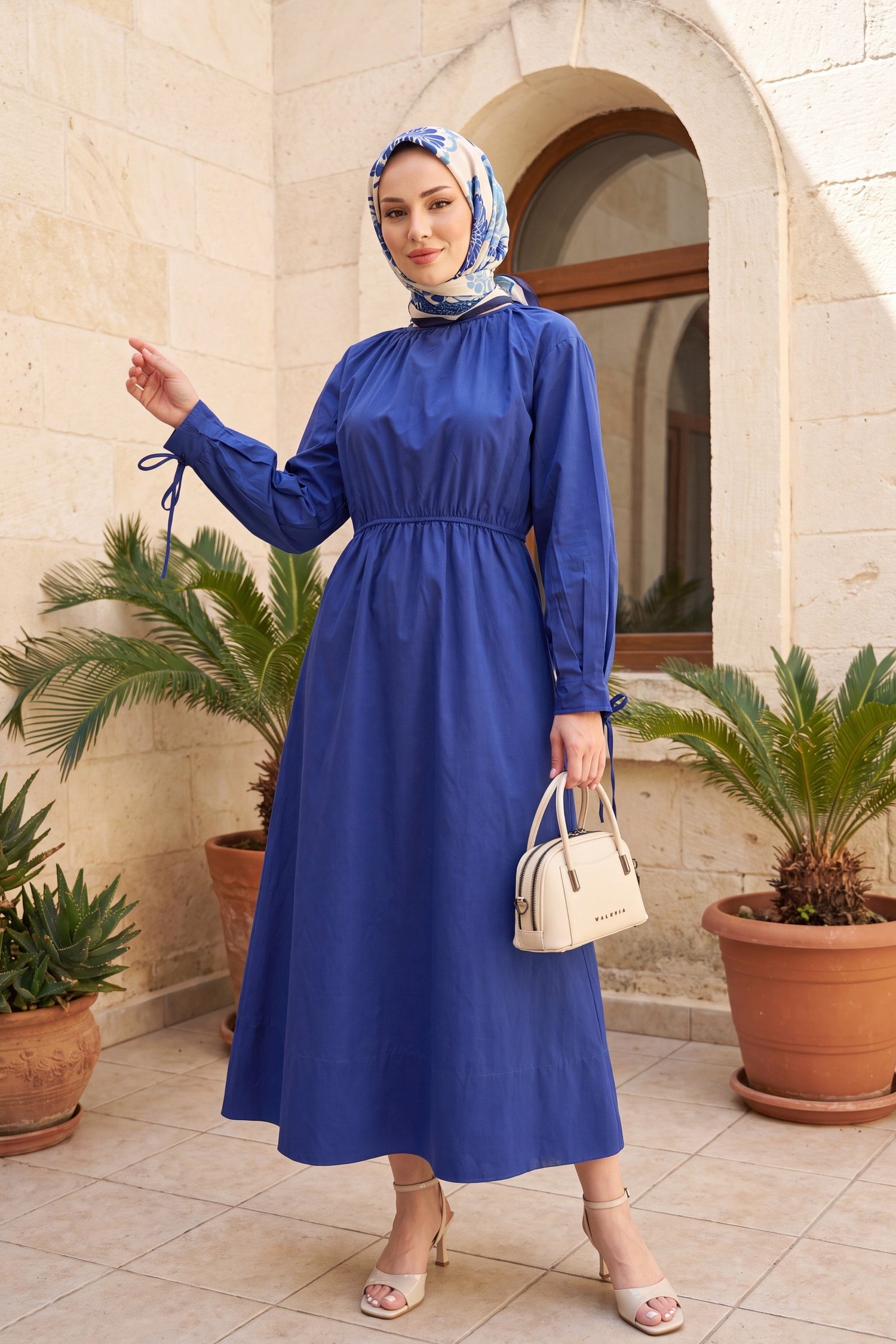 Bağlama Detaylı Beli Lastikli Poplin Elbise -Saks